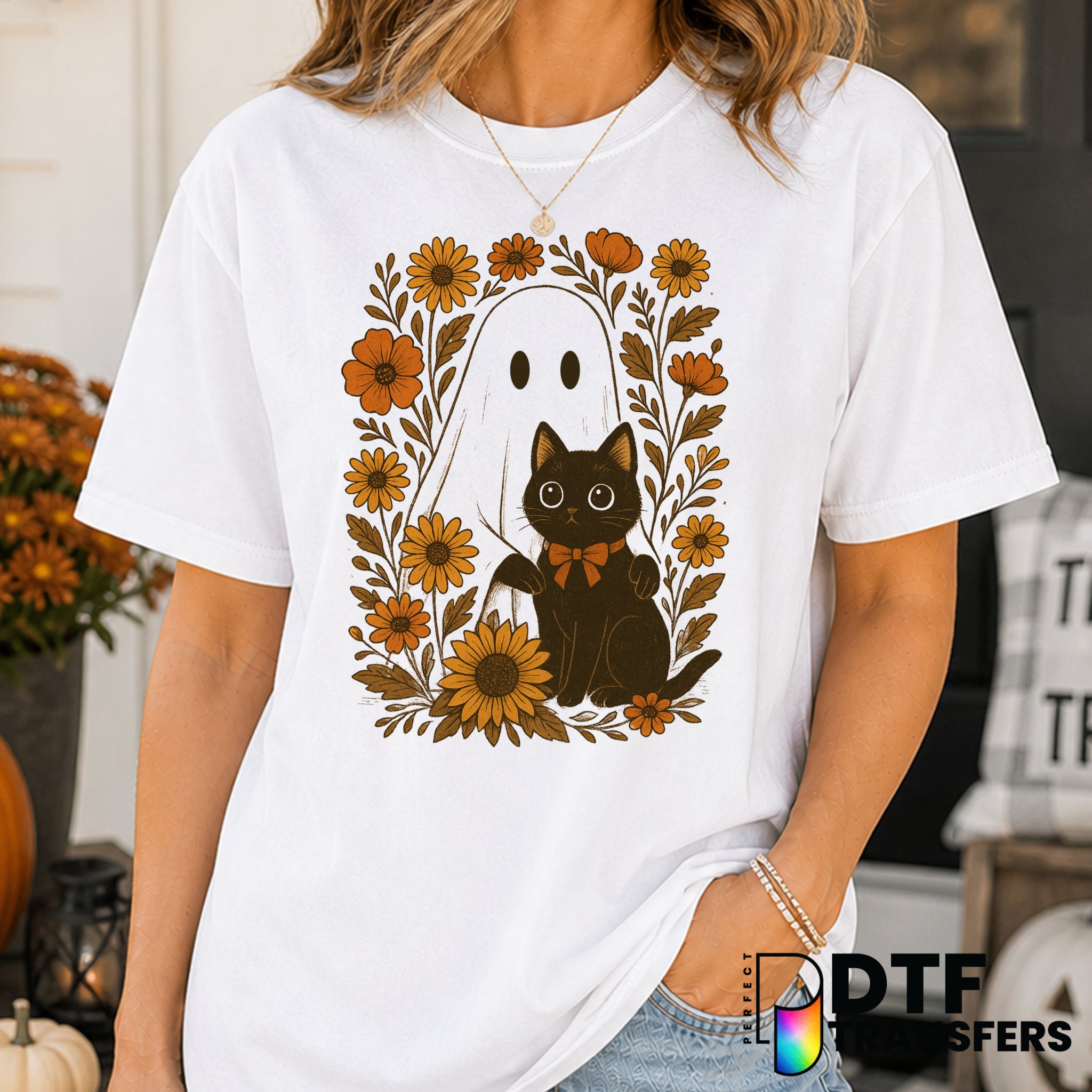 Floral Retro Ghost with Black Cat – Halloween DTF Transfer