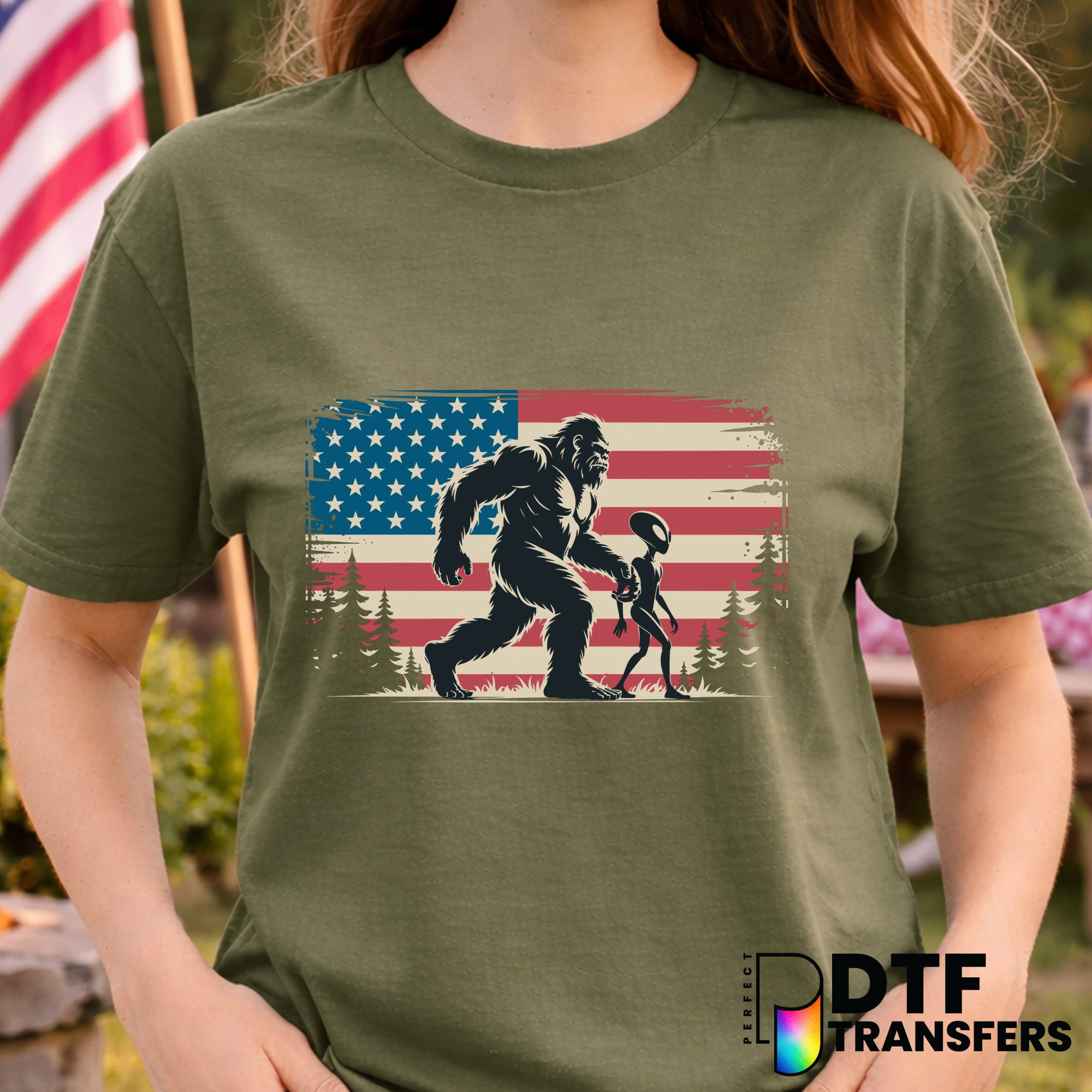 Bigfoot and Alien American Flag – Fourth of July DTF Transfer