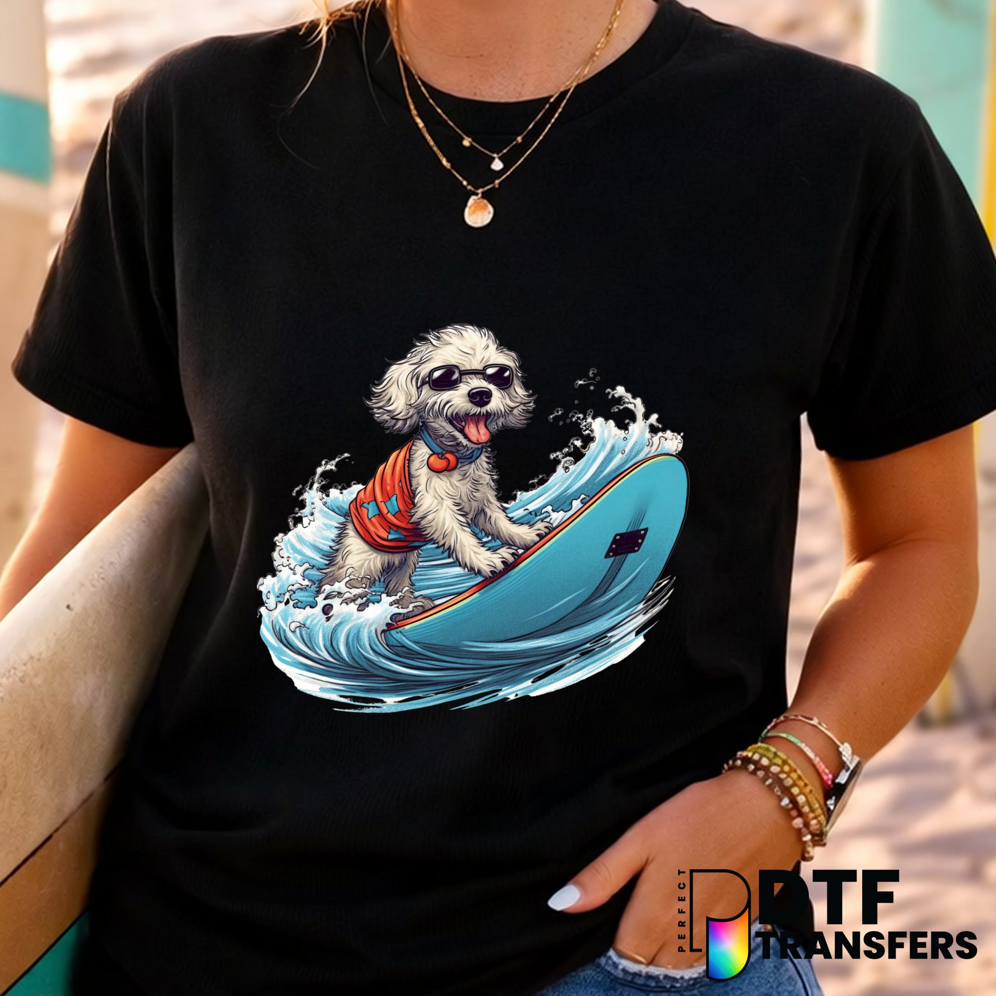 Cute Surfing Dog SUMMER VIBES – Surfing DTF Transfer