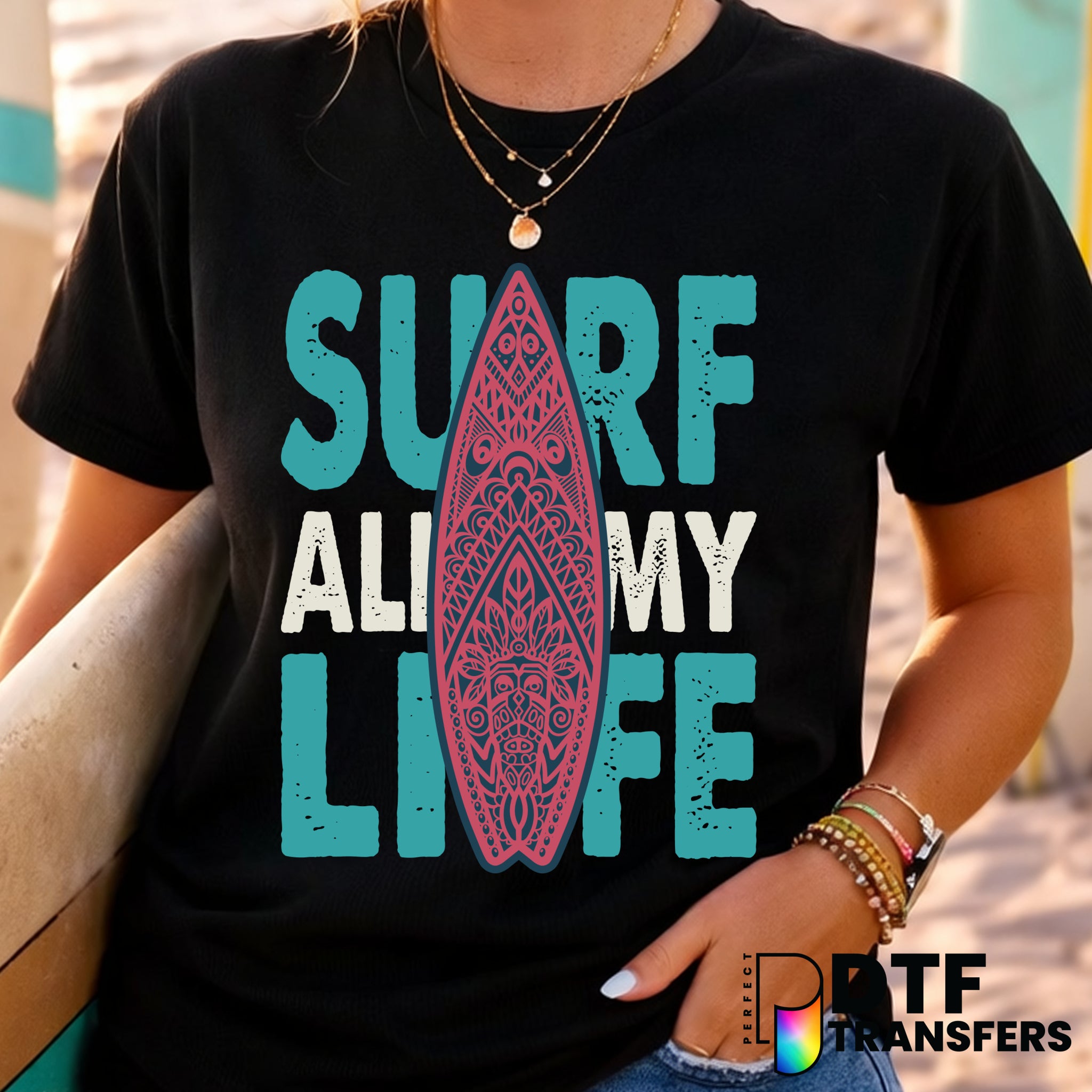 Surf All My Life Retro Grunge Surfboard – Surfing DTF Transfer