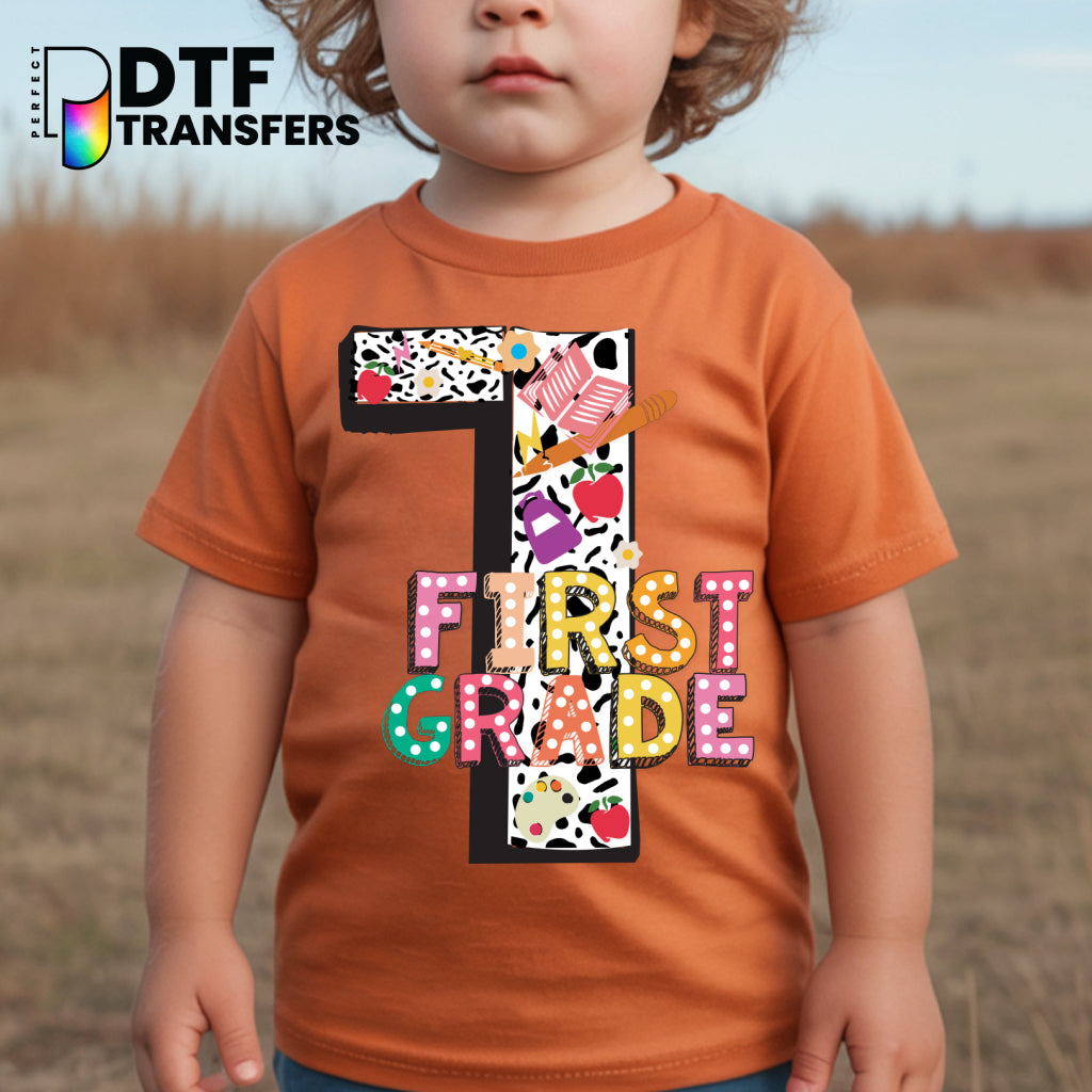 FIRST GRADE WELCOME BACK TO SCHOOL Colorful Dalmatian Teacher DTF Transfer