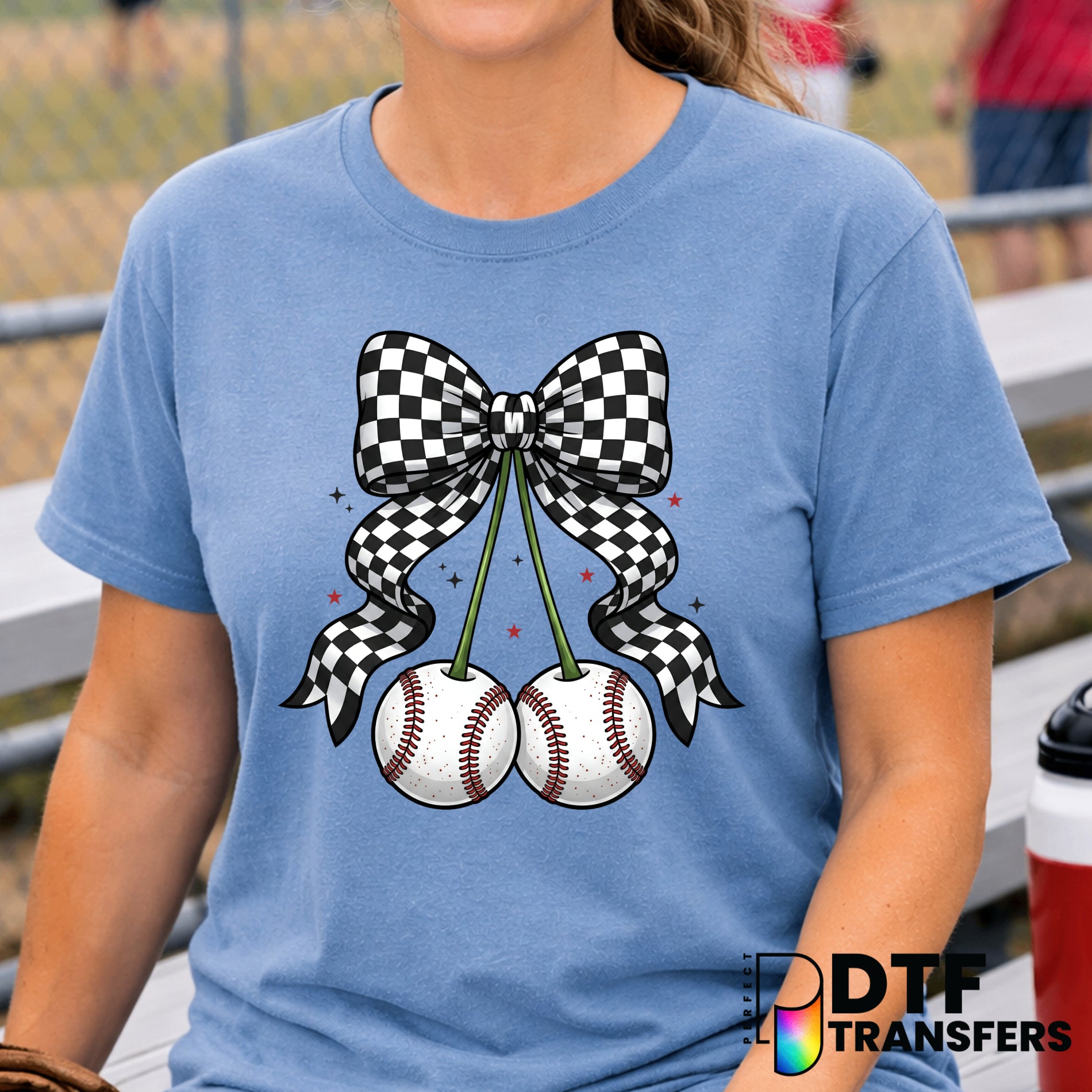 Baseball Cherries with Checkered Bow – Baseball DTF Transfer