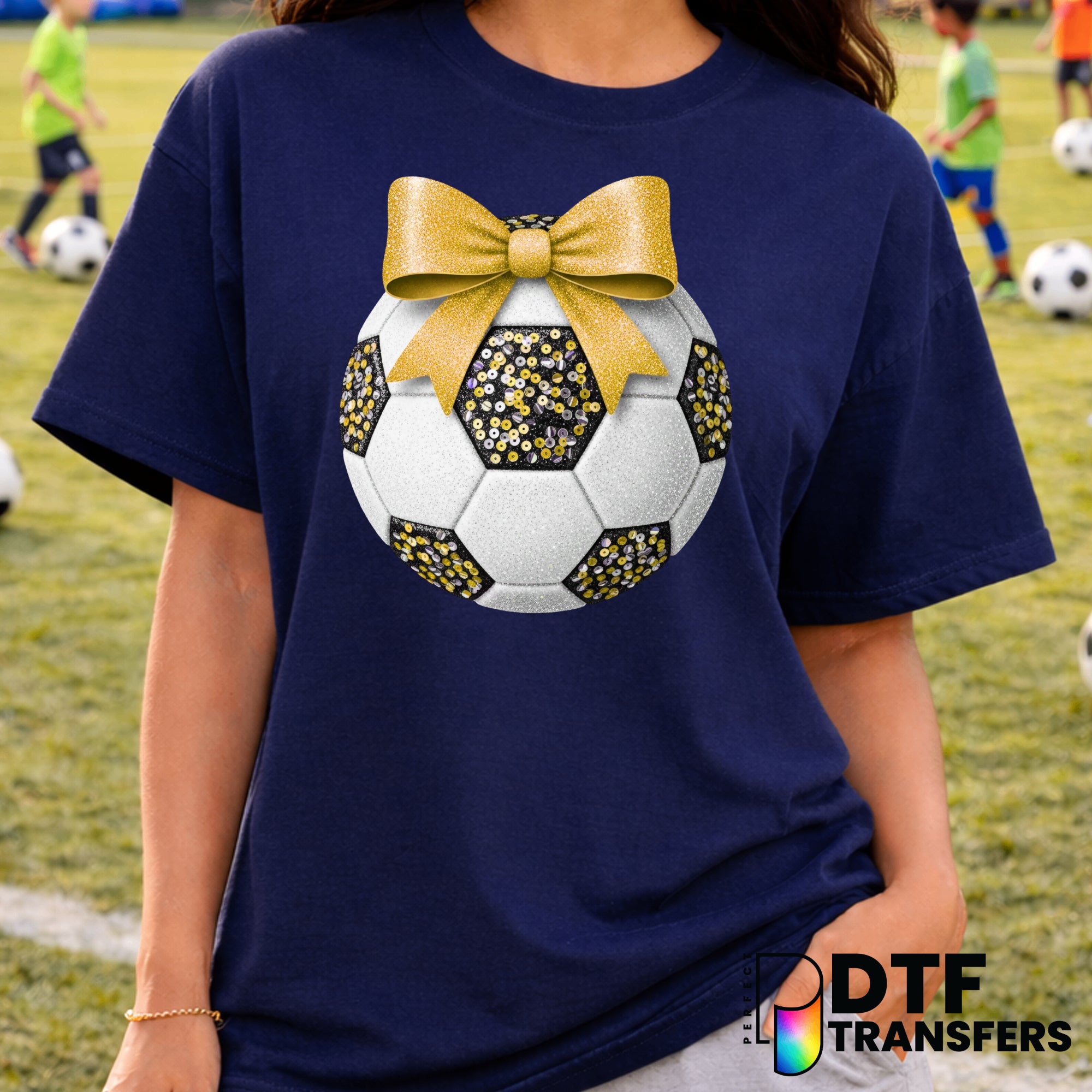 Soccer Ball Yellow Glitter Bow – Soccer DTF Transfer
