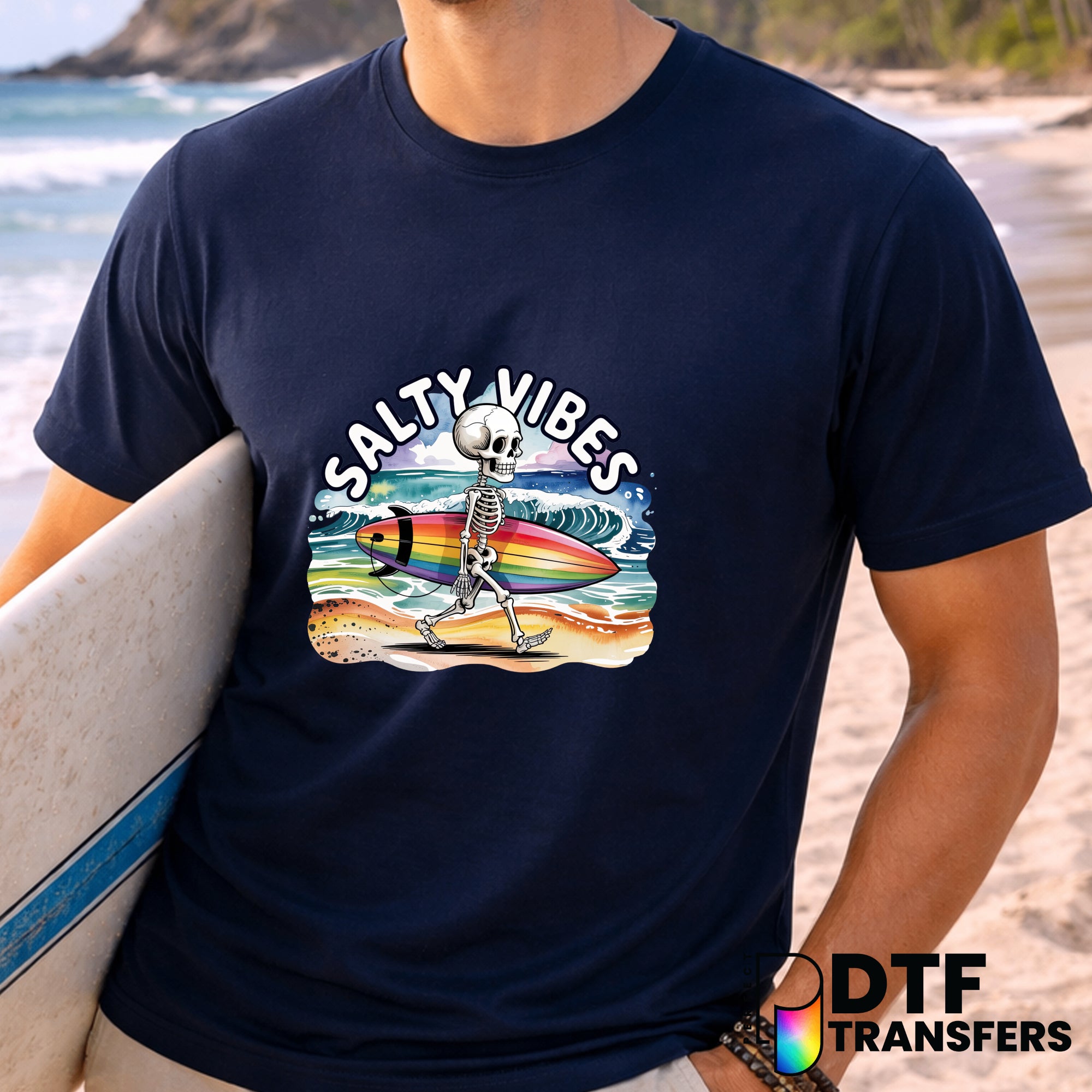 Salty Vibes Surfing Skeleton – DTF Transfer