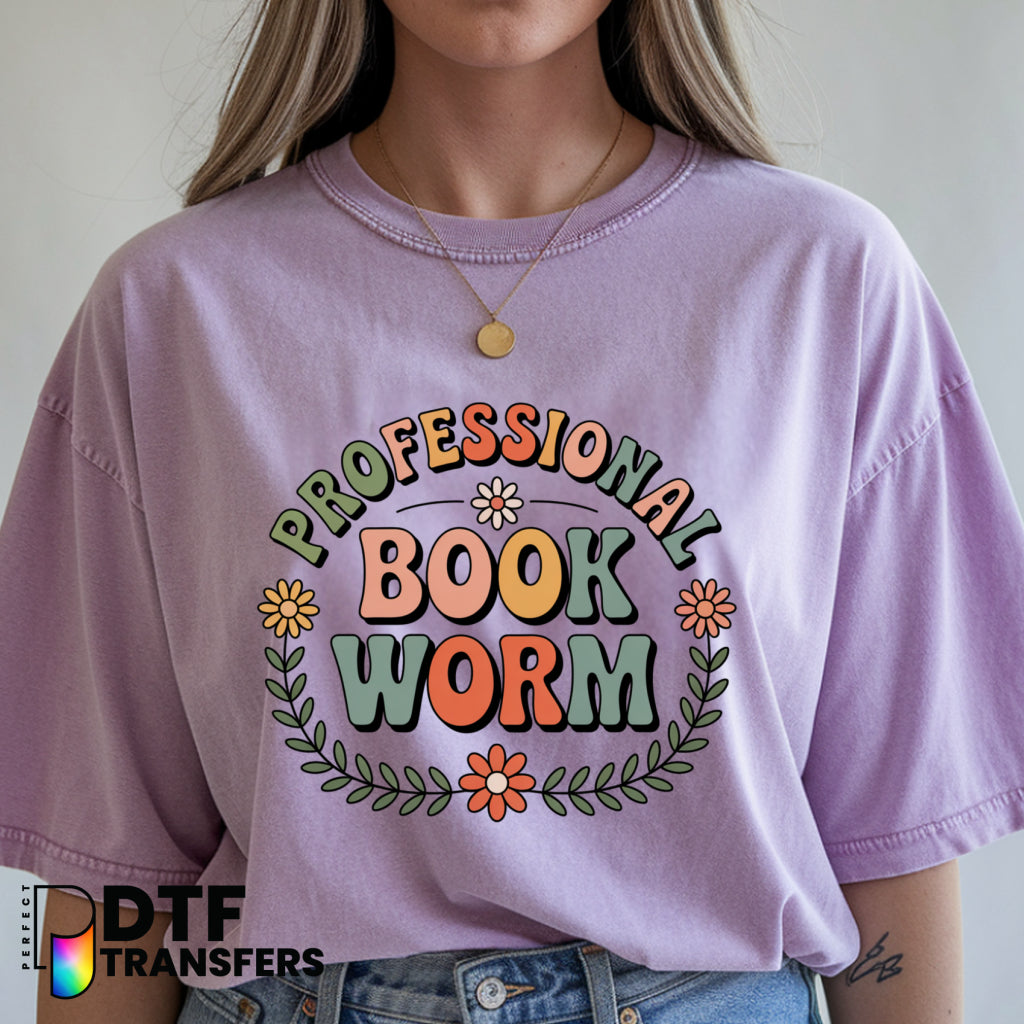 PROFESSIONAL BOOK WORM – Teacher DTF Transfer with Book, Glasses, Worm, and Apple