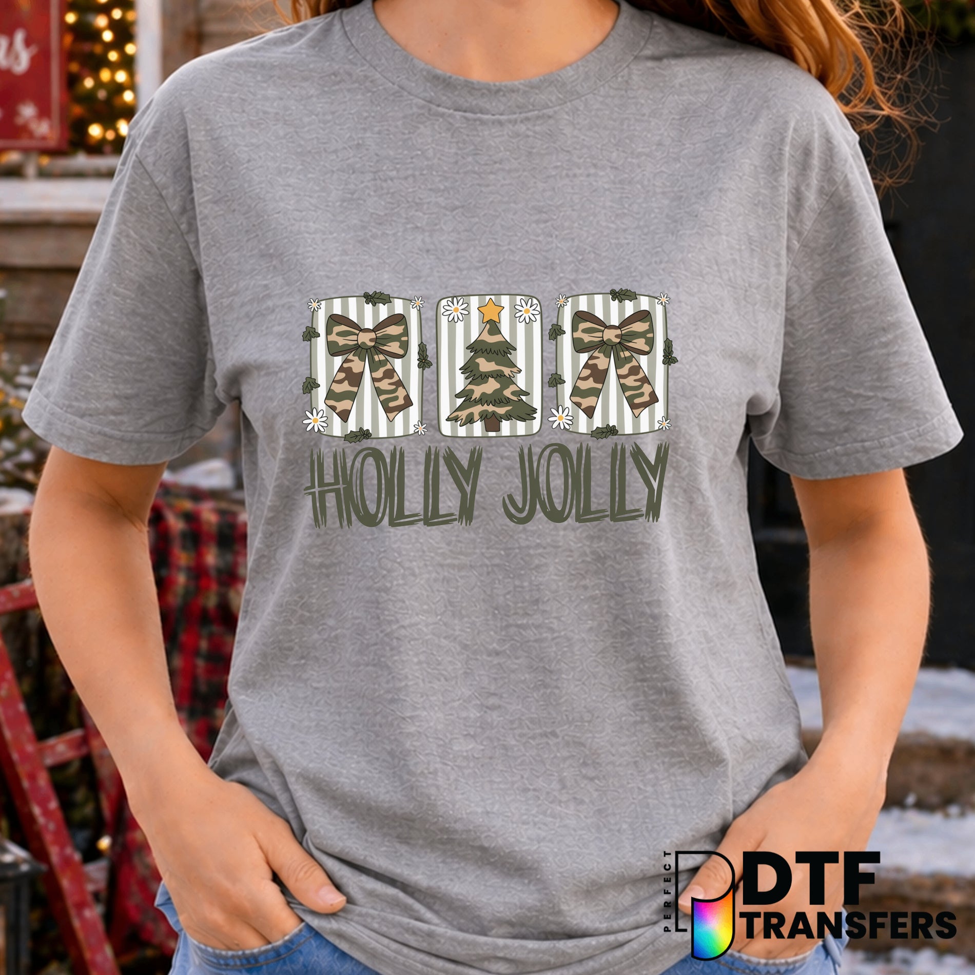 Holly Jolly Retro Camo Christmas Coquette Bows – Christmas DTF Transfer