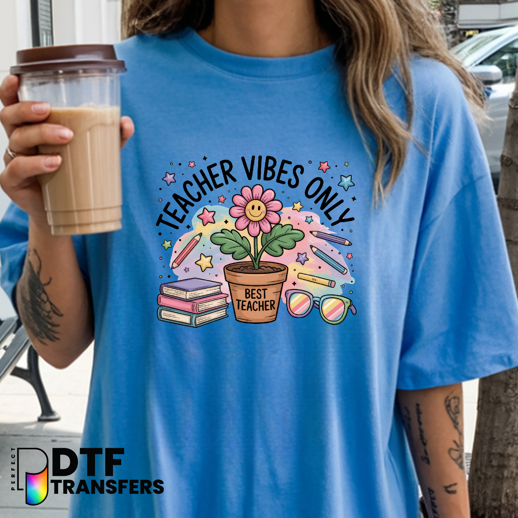 Teacher Vibes Only – Teacher DTF Transfer with Stylized Flower