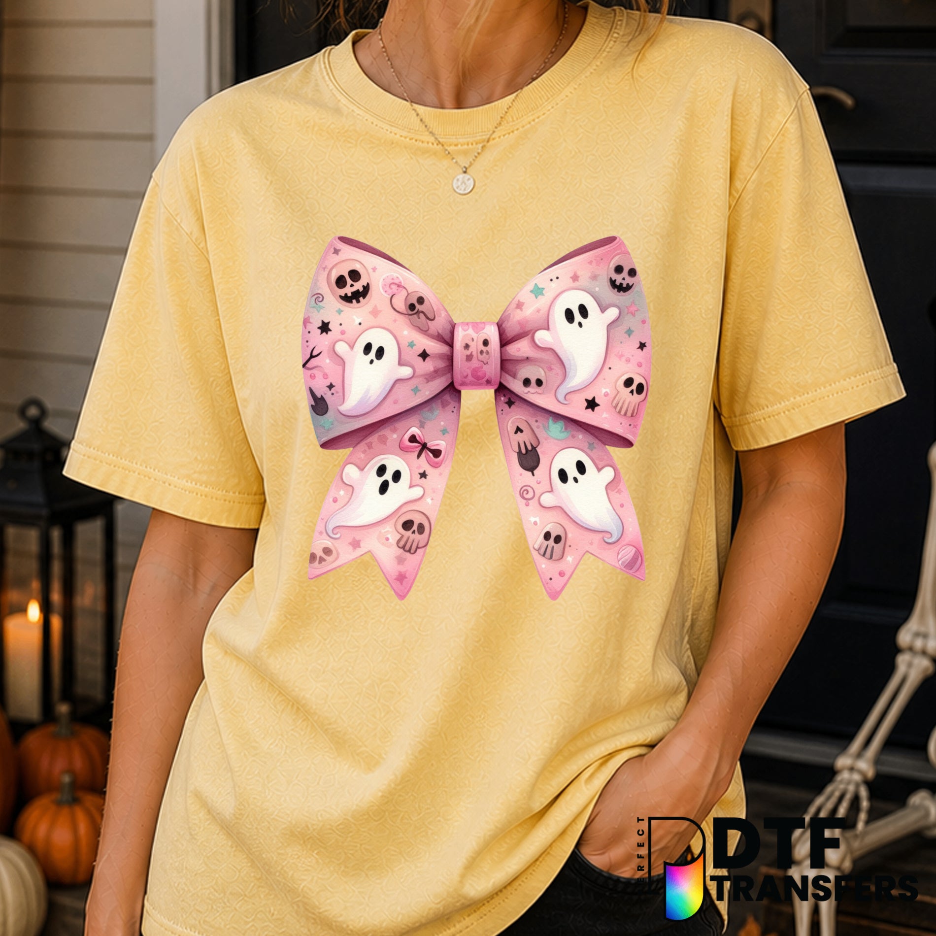 Coquette Ghost with Pink Bow – Halloween DTF Transfer