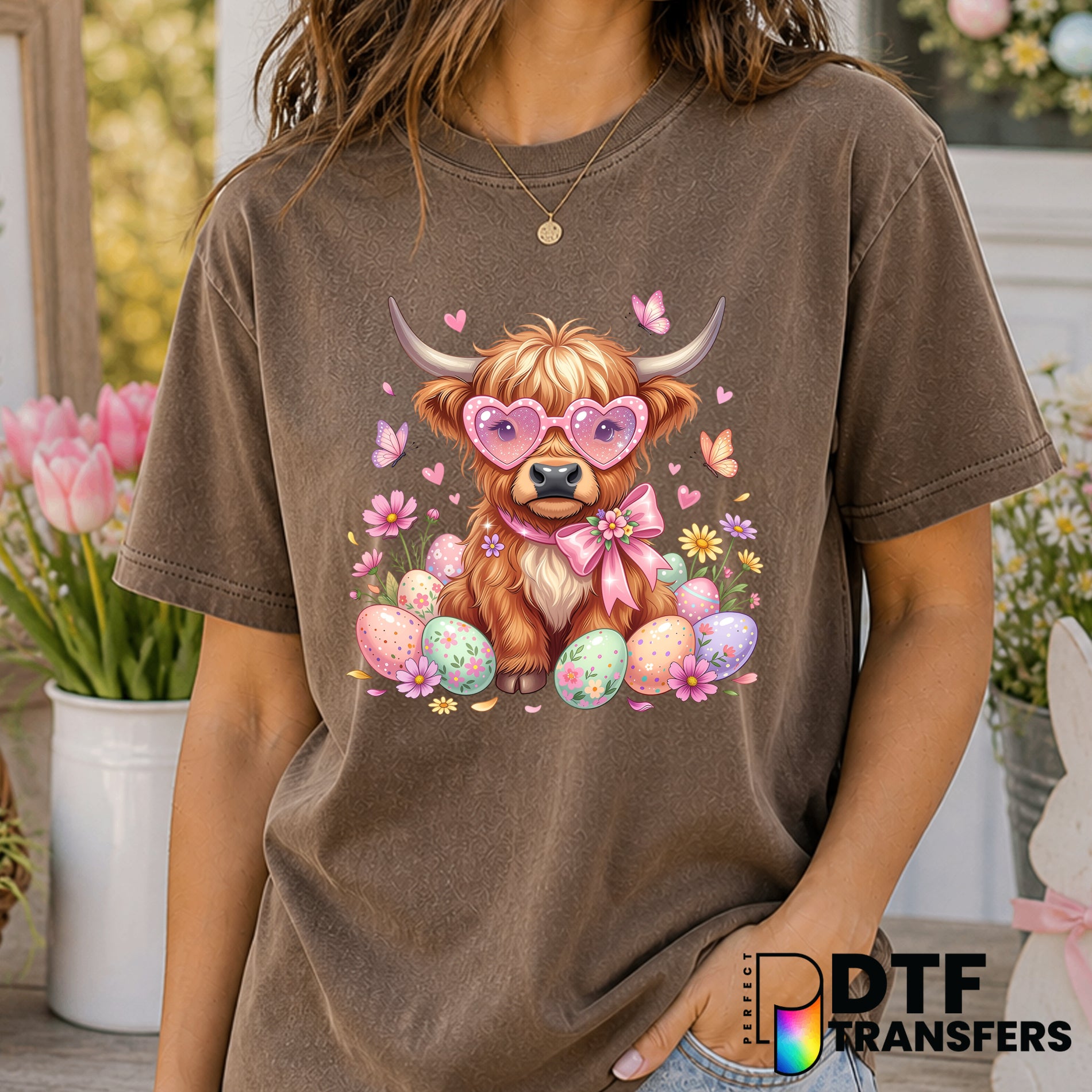 HAPPY EASTER Highland Cow – Easter DTF Transfer