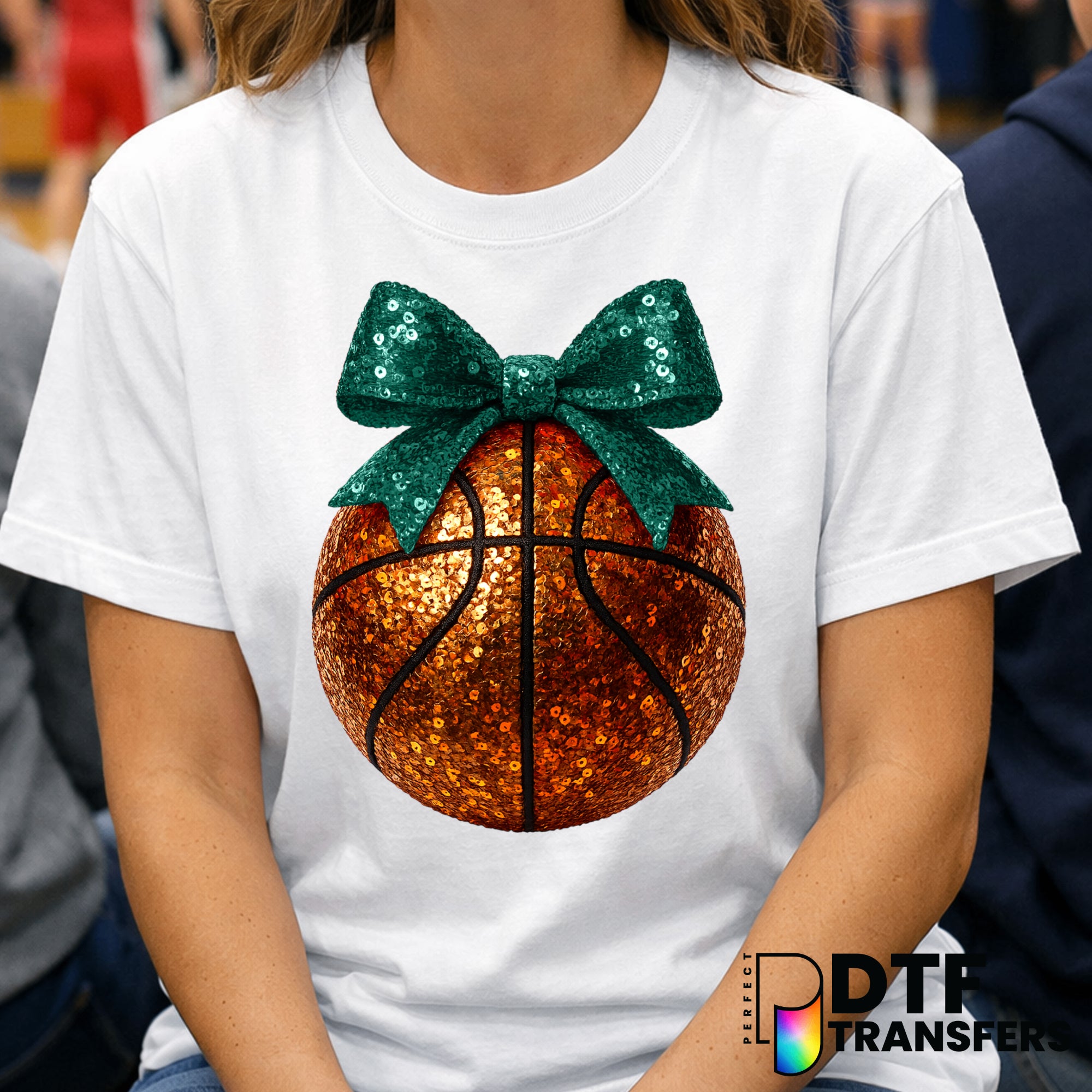 Teal Faux Sequin Bow Basketball – DTF Transfer