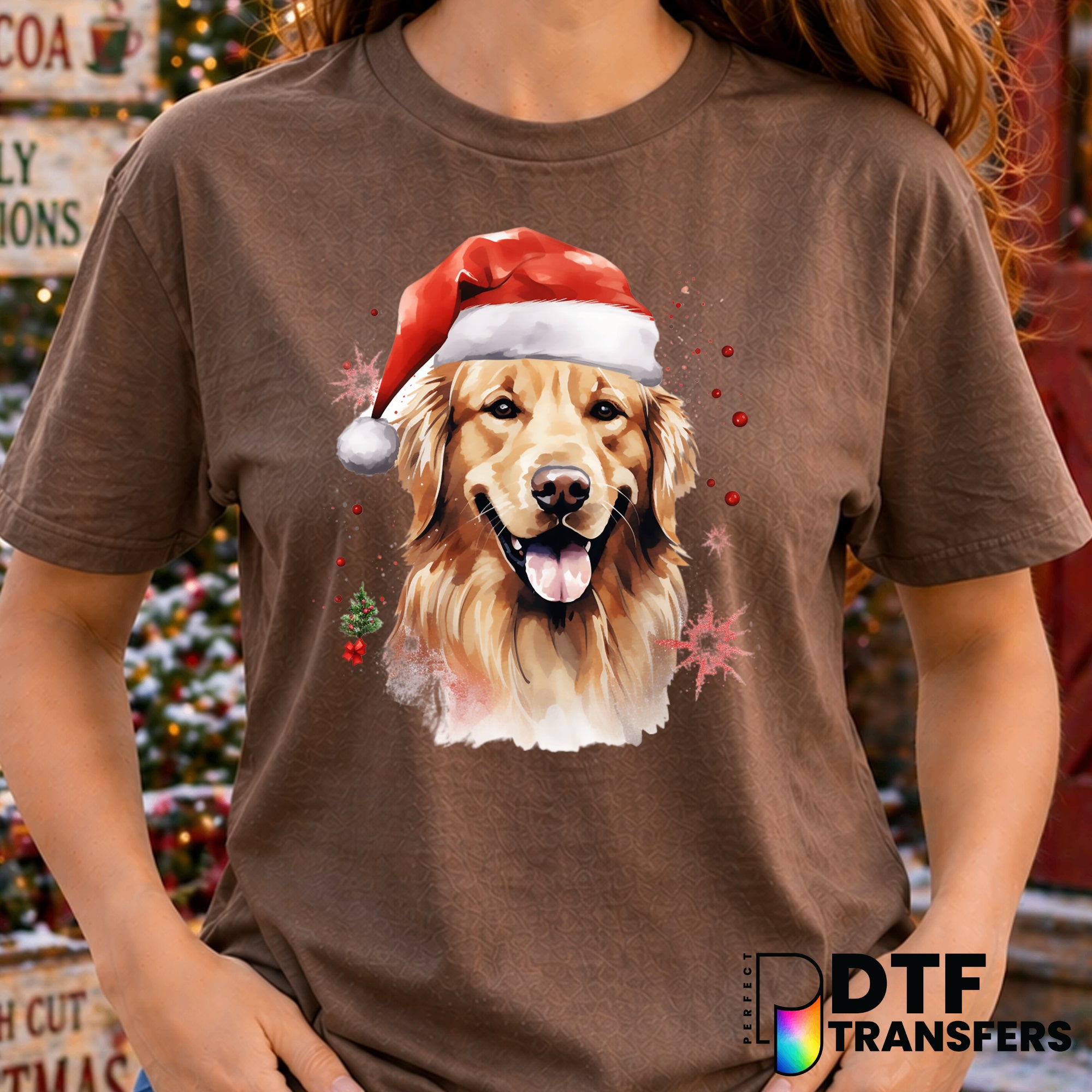 Golden Retriever with Santa Hat – Christmas DTF Transfer