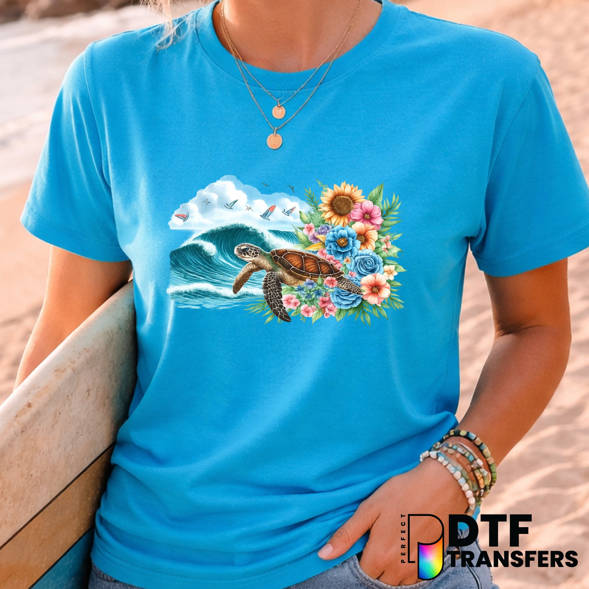 Retro 90's Floral Surf Turtle – Surfing DTF Transfer