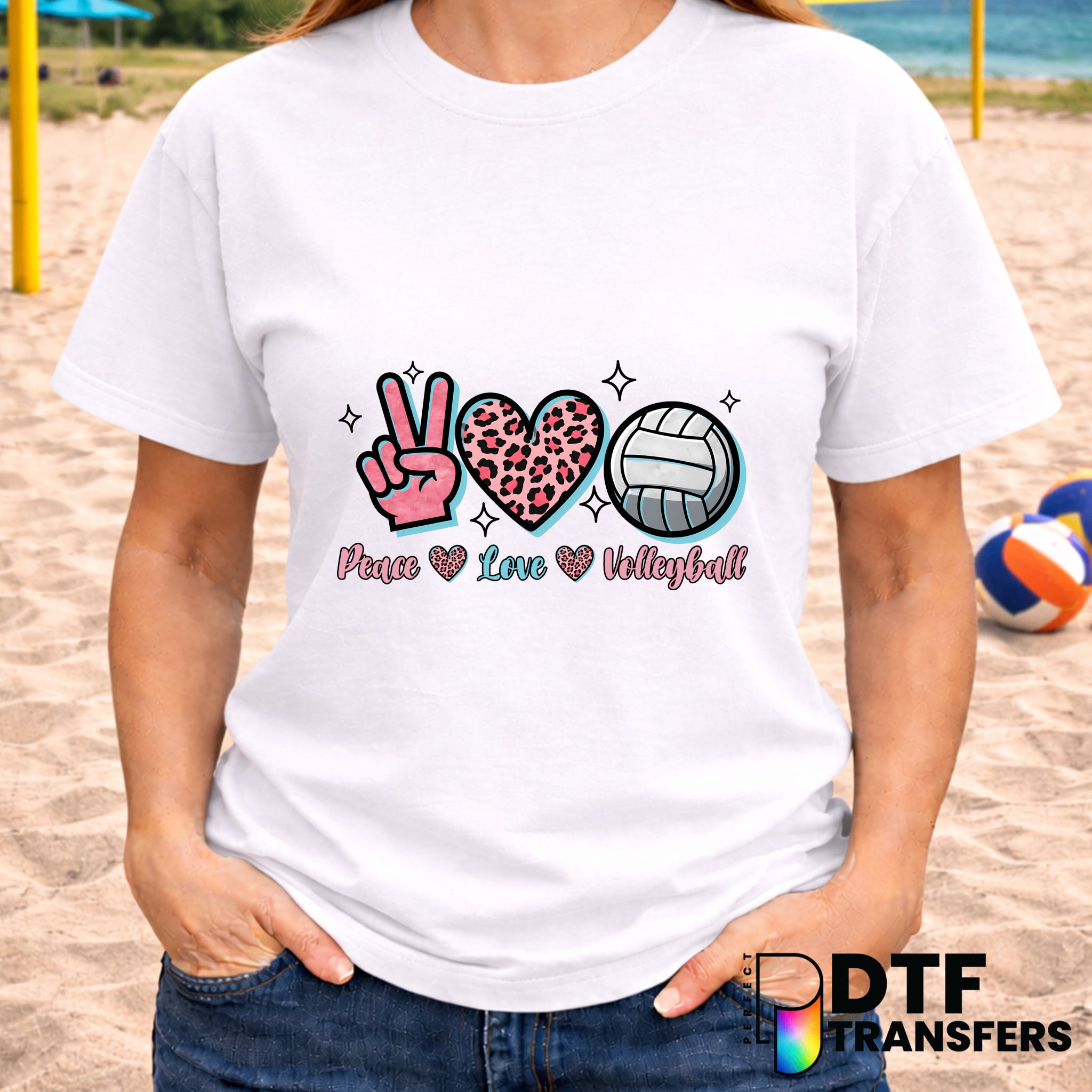 Peace Love Volleyball Leopard Script Sparkles – Volleyball DTF Transfer