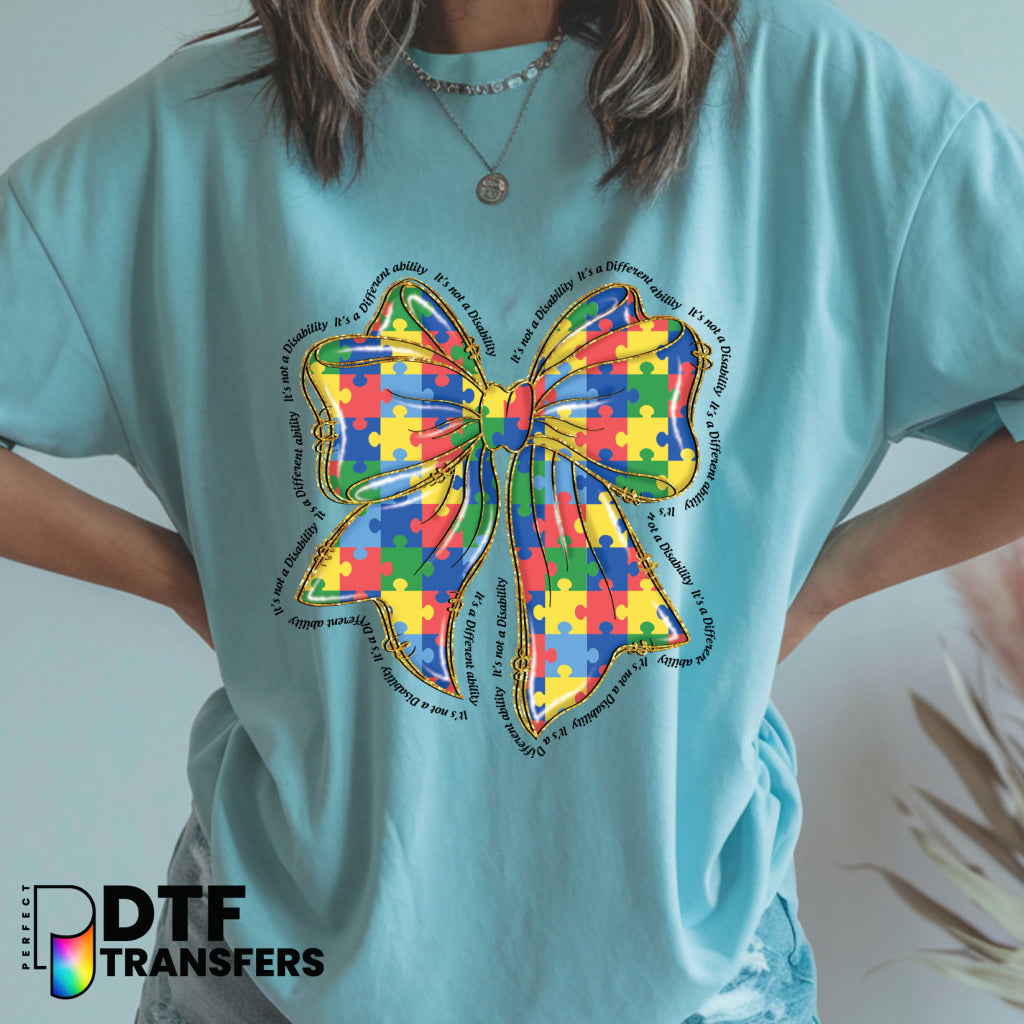 Pink Puzzle Piece with Coquette Bow – Special Education DTF Transfer