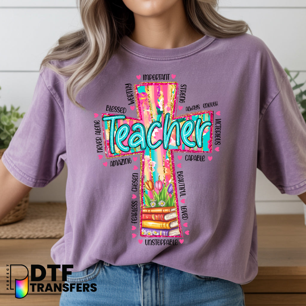 Faith Books Cross Floral – Religious Teacher DTF Transfer