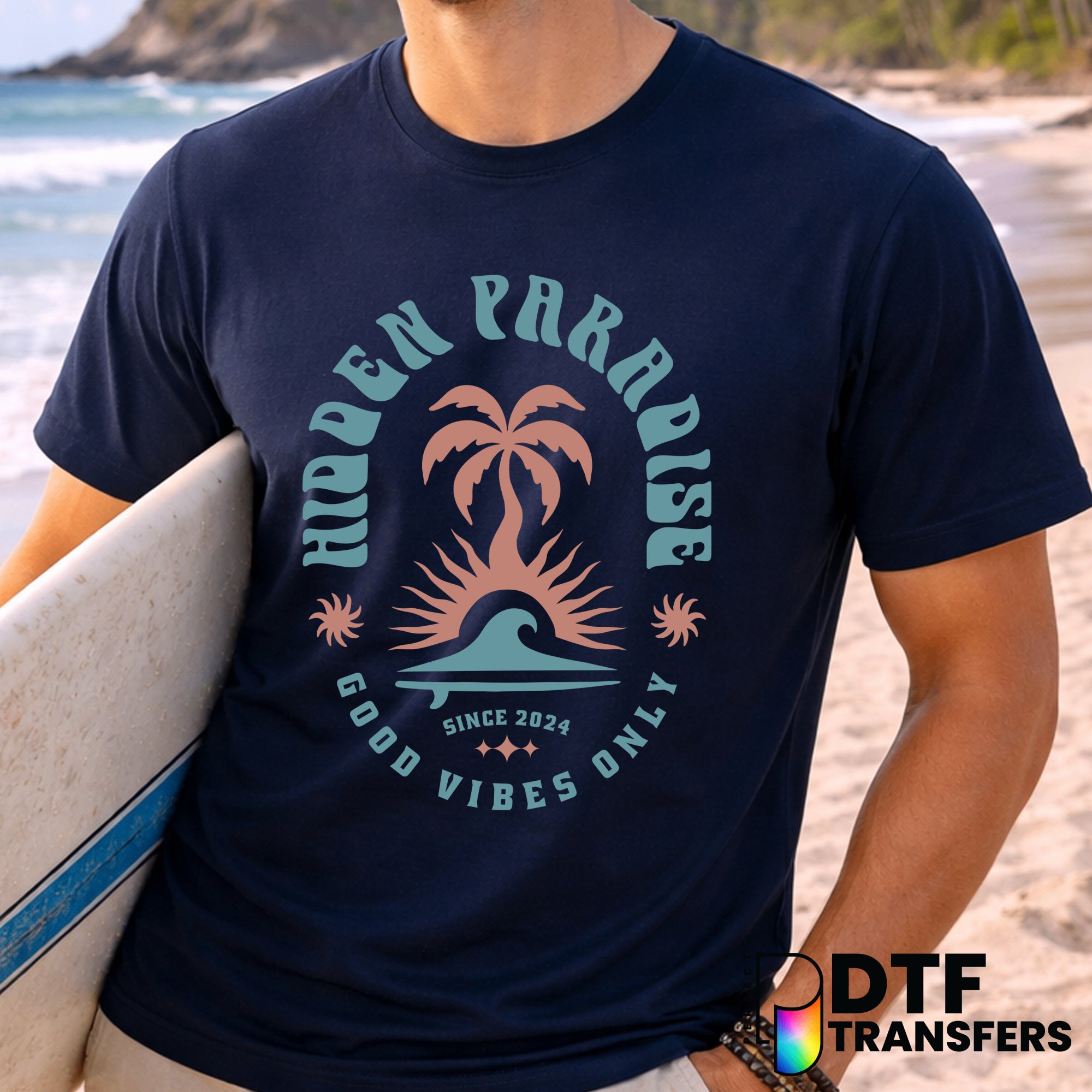Hidden Paradise Surfing Good Vibes Only – Surfing DTF Transfer