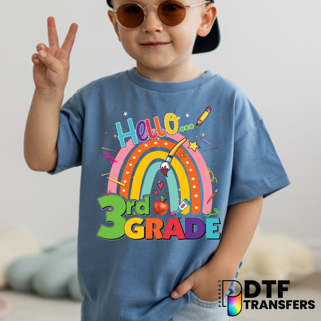 Hello Third Grade Rainbow, Sun & Cloud – Teacher DTF Transfer