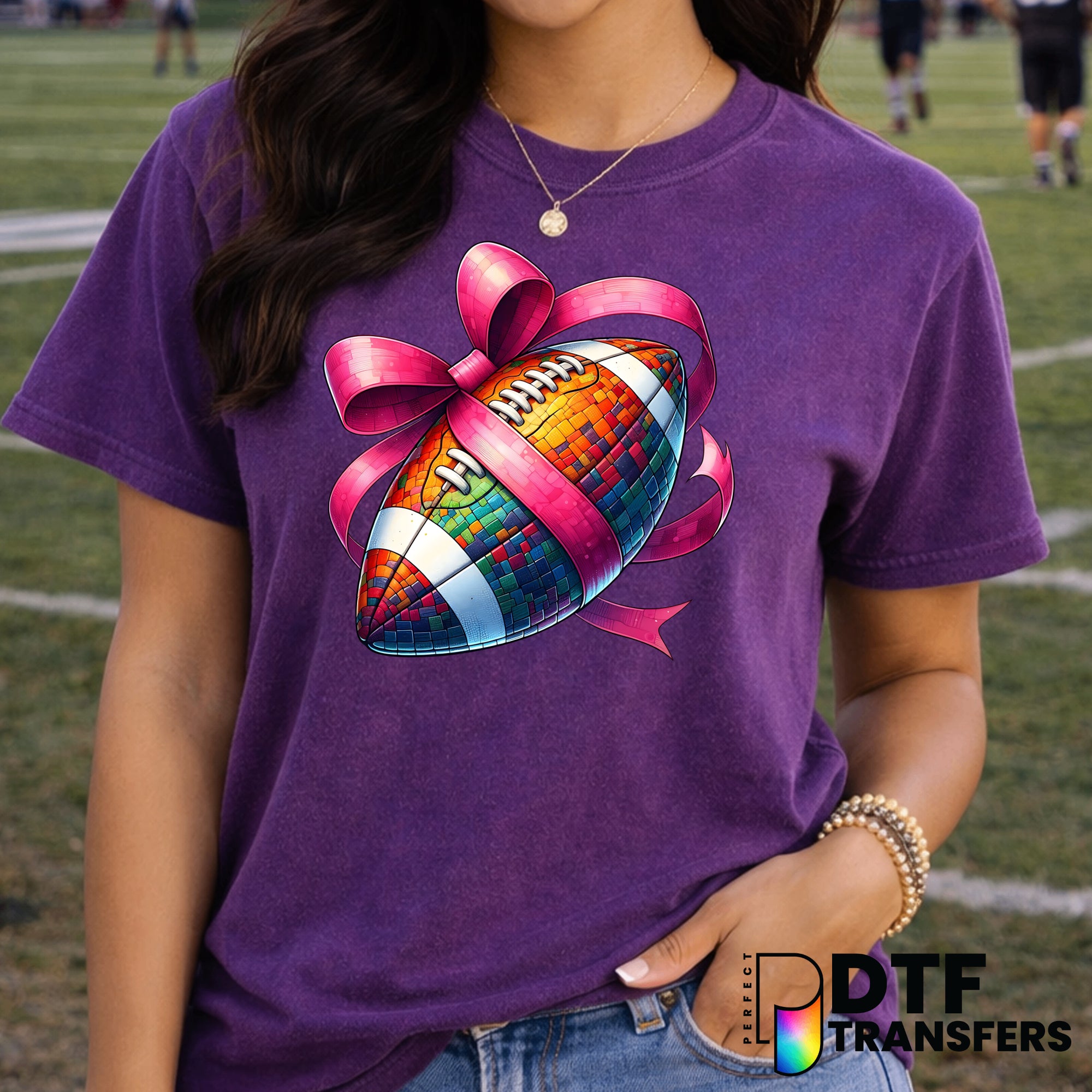 Rainbow Football Pink Bow – Football DTF Transfer