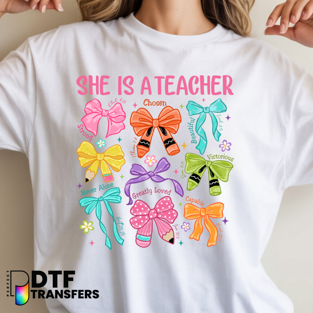 She is a Teacher with Bows Silhouette & PROVERBS 31:26 – Religious Teacher DTF Transfer