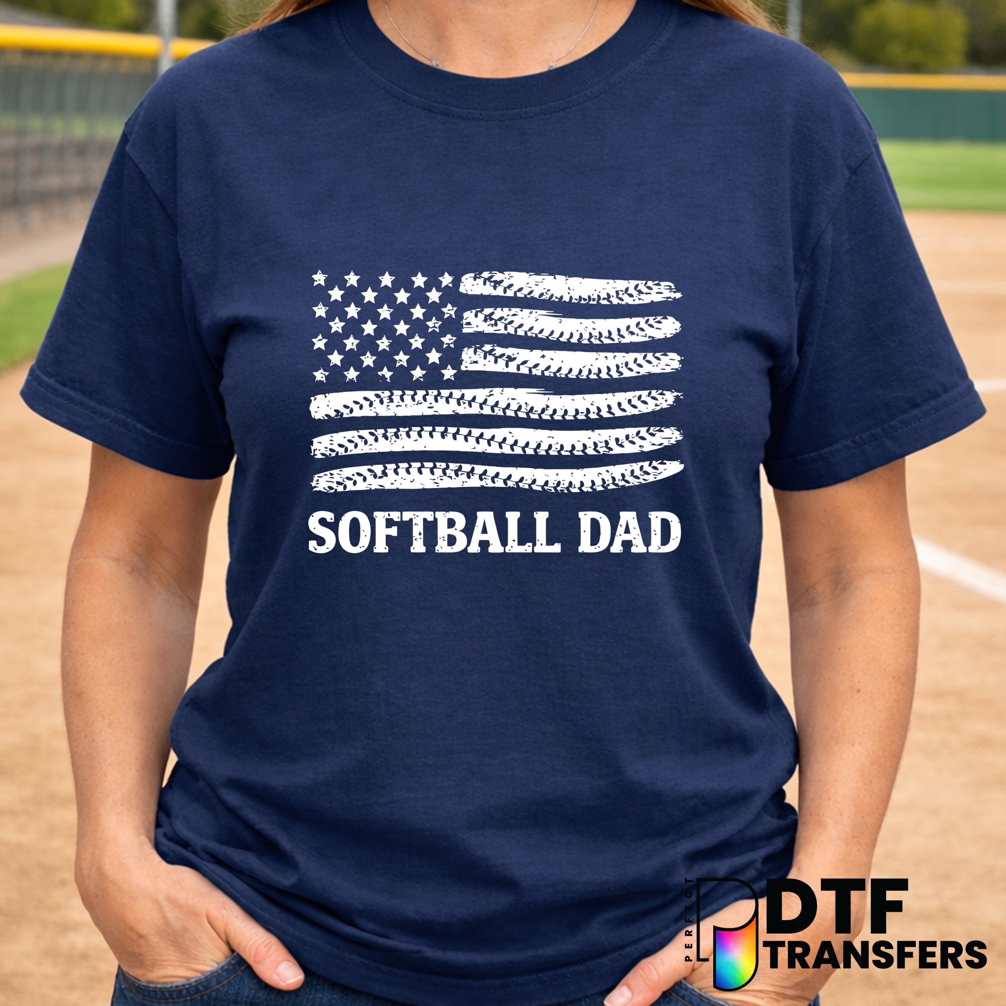 Softball Dad American Flag Stitch – Softball DTF Transfer