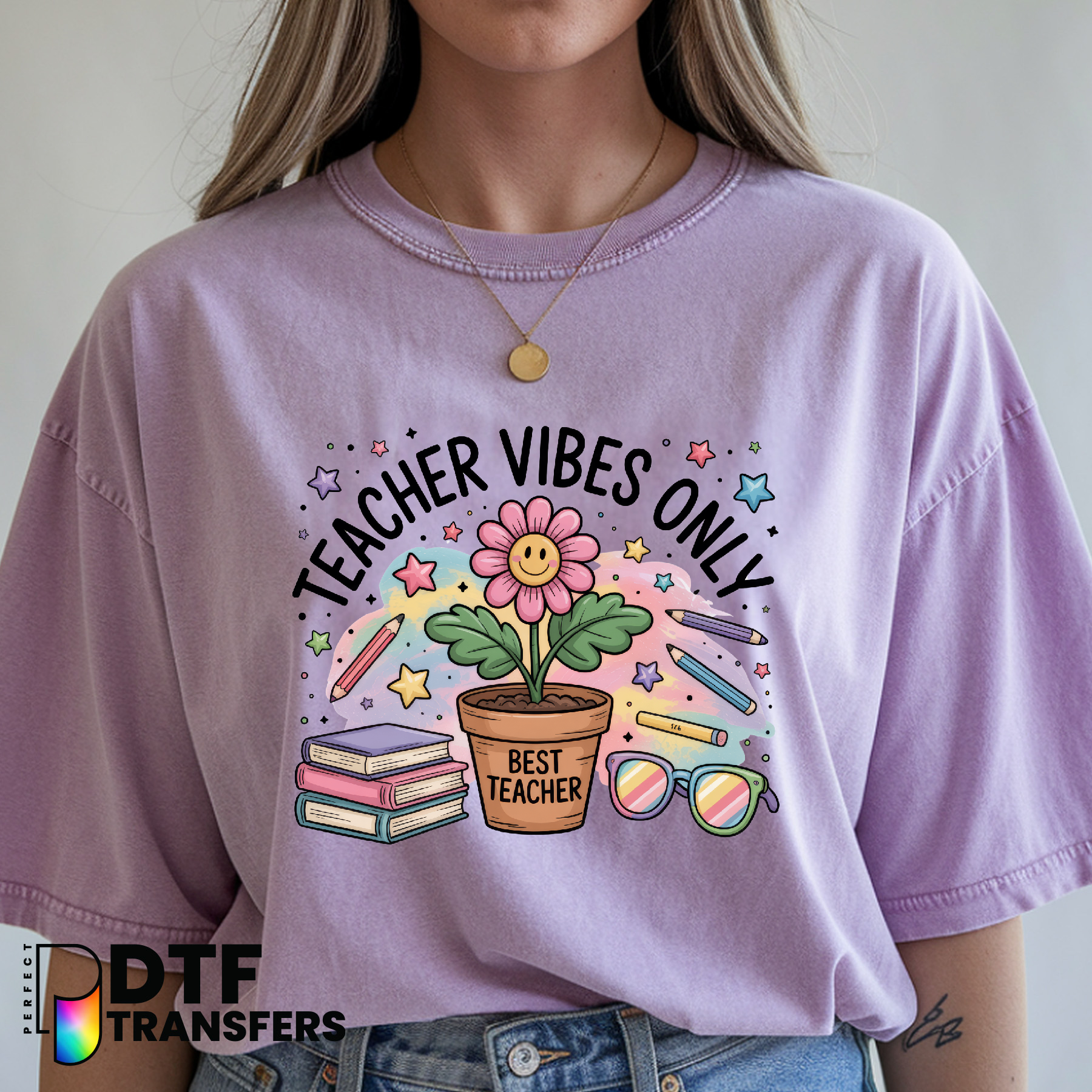Teacher Vibes Only – Teacher DTF Transfer with Stylized Flower