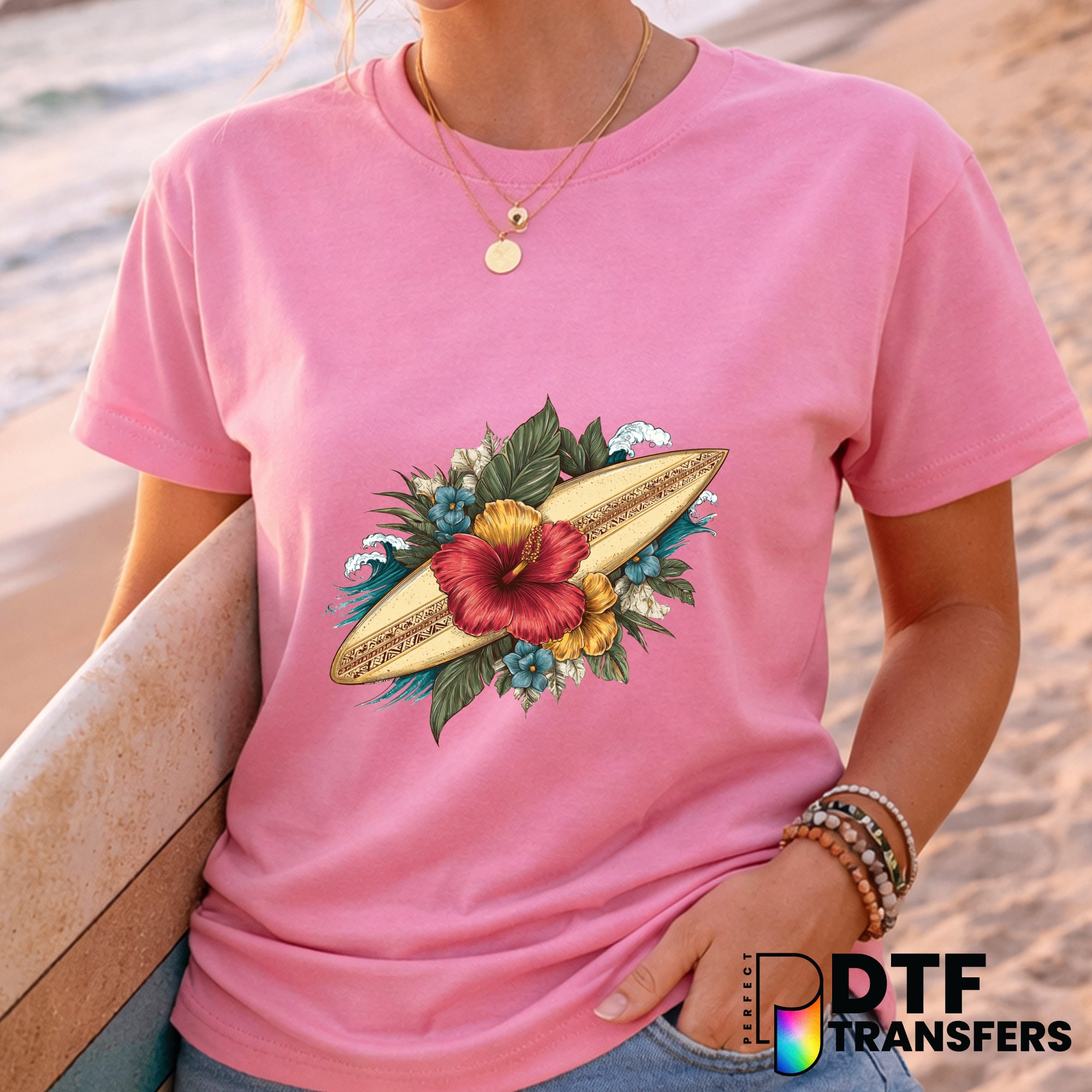 Retro Tropical W with Hibiscus – Surfing DTF Transfer