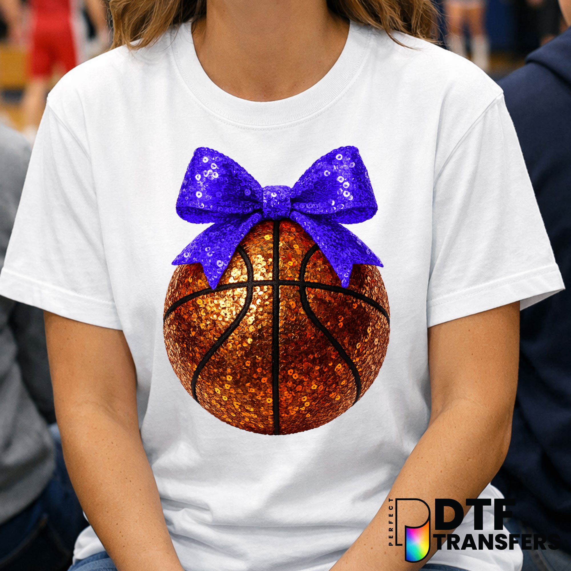 Blue Faux Sequin Bow Basketball – DTF Transfer