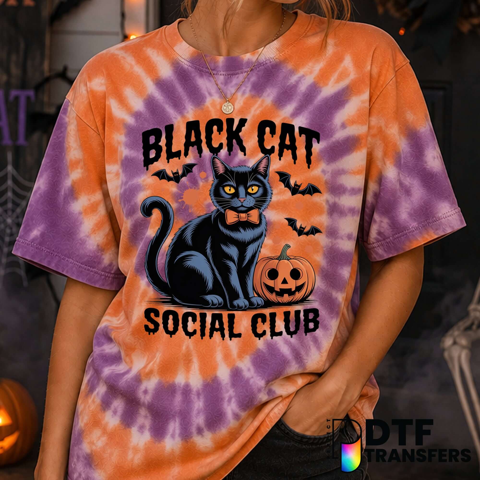 Black Cat Social Club Halloween Pumpkin Bats – Halloween DTF Transfer