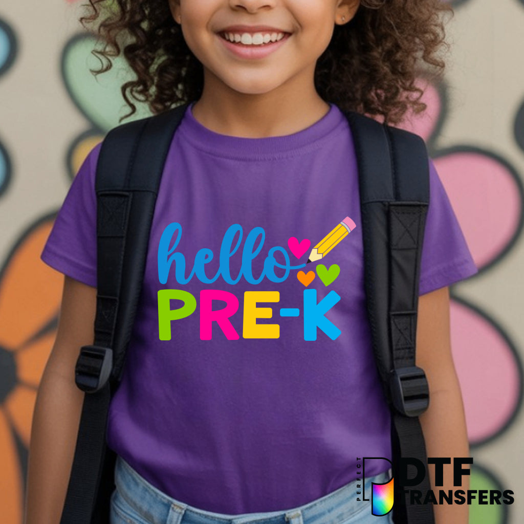 Hello Pre-K Colorful Hearts and Pencil – Pre-K Teacher DTF Transfer