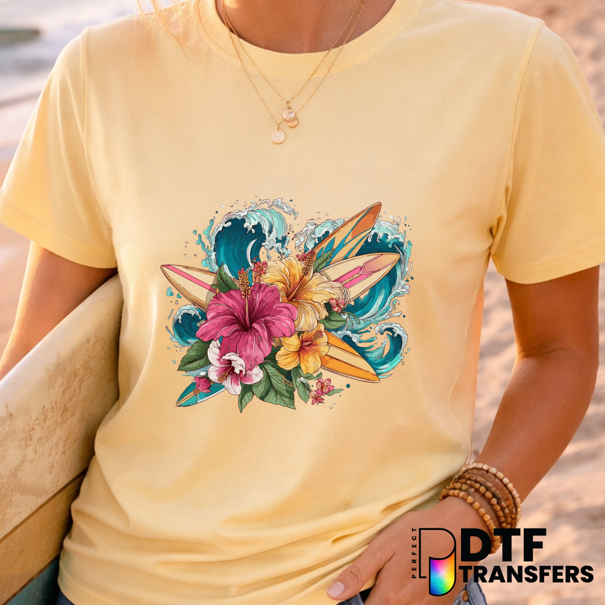 Vintage Tropical Flower Surfboard Waves – Surfing DTF Transfer