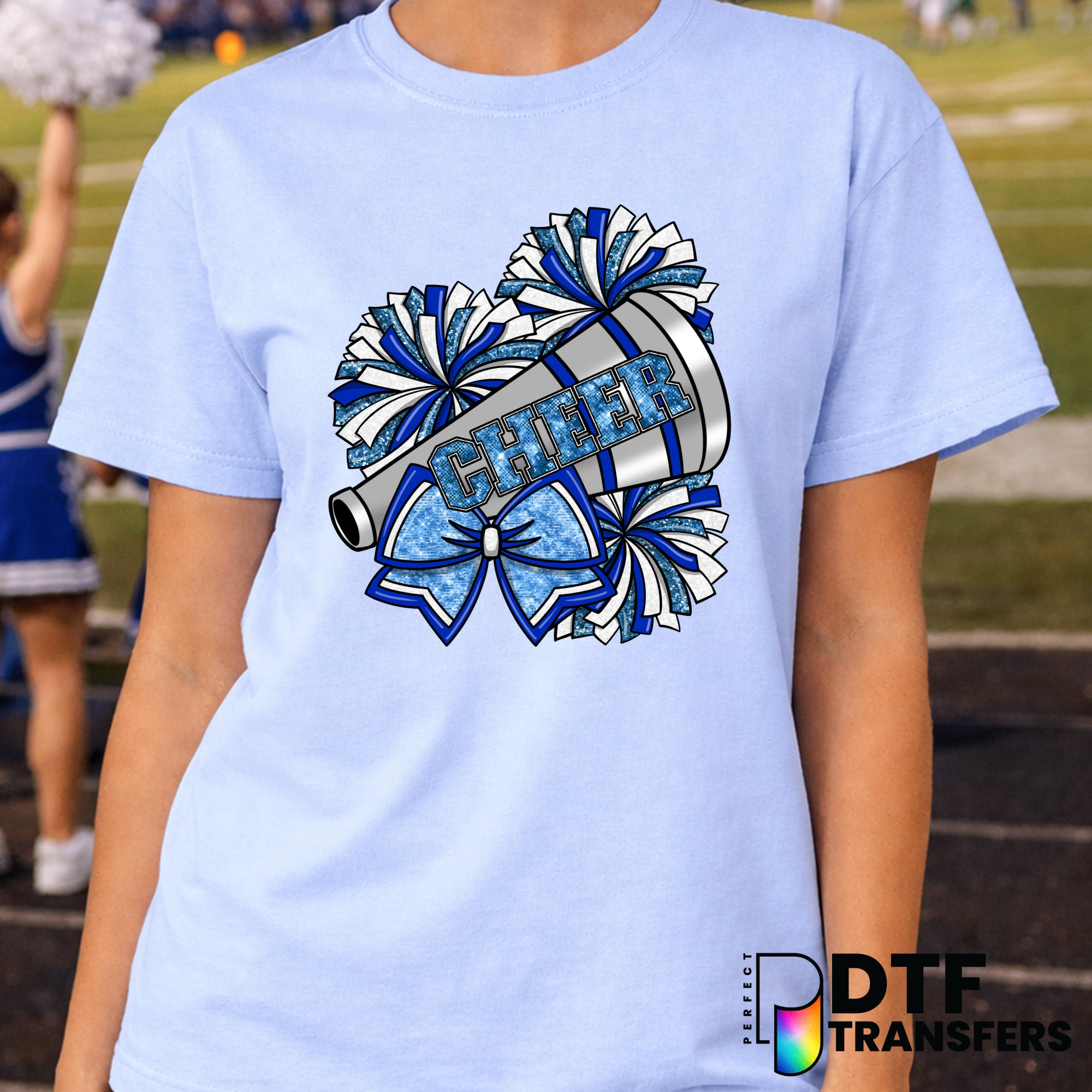 CHEER Faux Glitter with Pom Poms and Bows – Cheerleading DTF Transfer