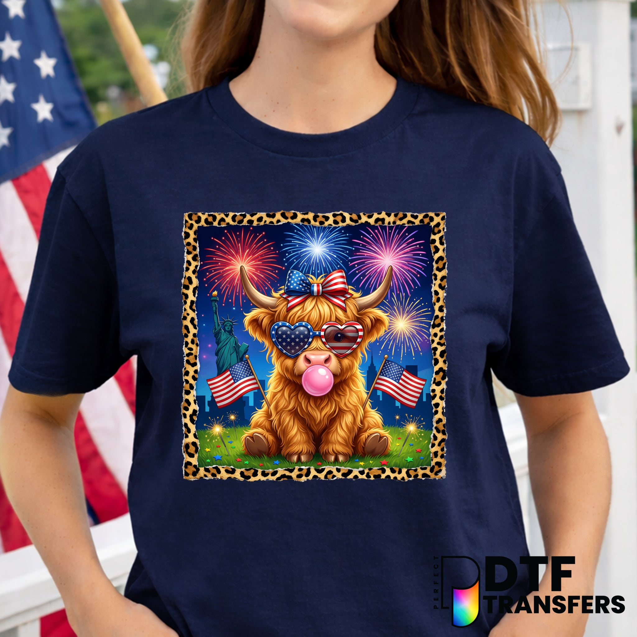 Highland Cow Fireworks Leopard – Fourth of July DTF Transfer