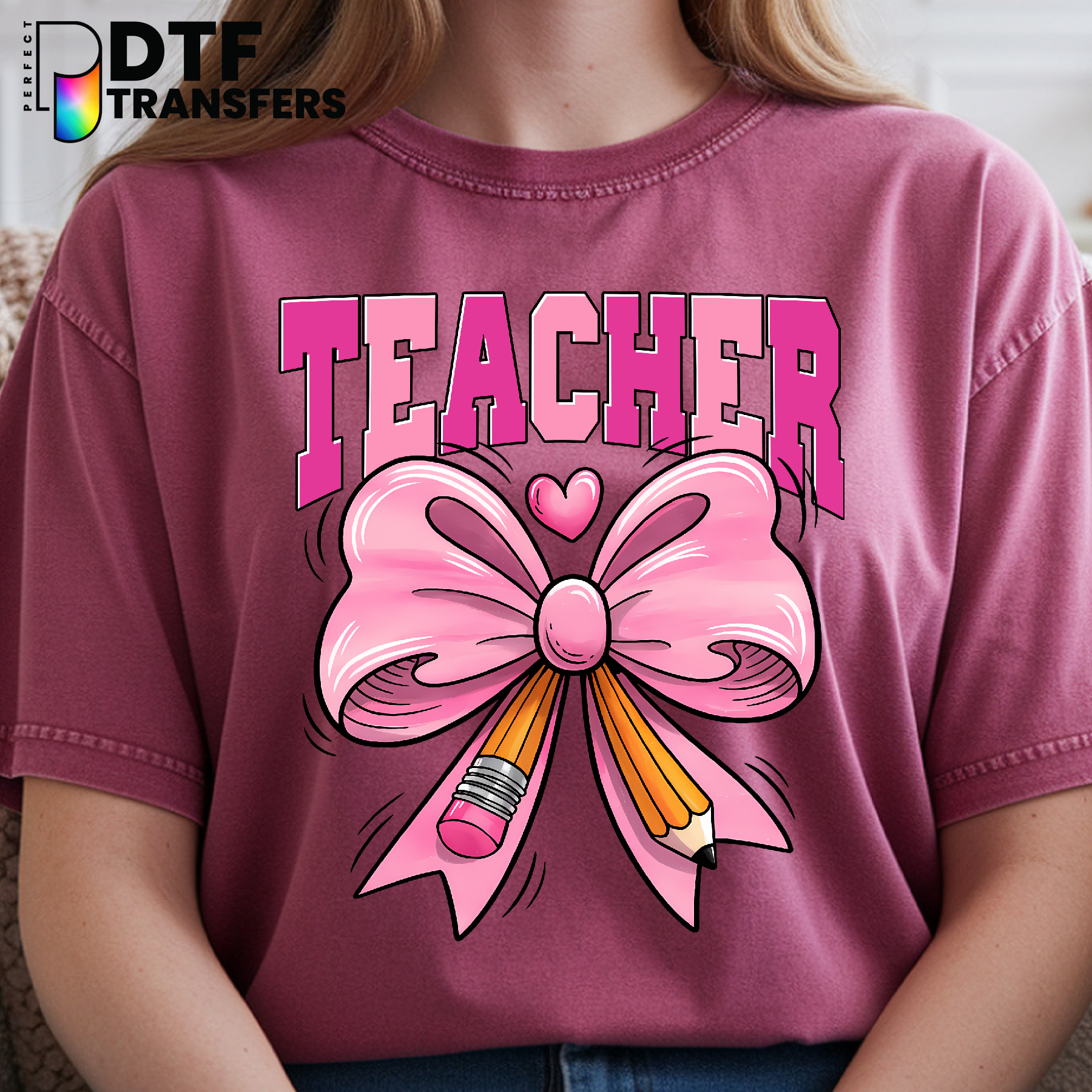 Pink Bow Pencil with Heart and Stars – Teacher DTF Transfer