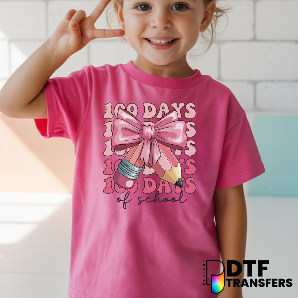 100 DAYS OF SCHOOL Pink Bow Pencil – Teacher DTF Transfer