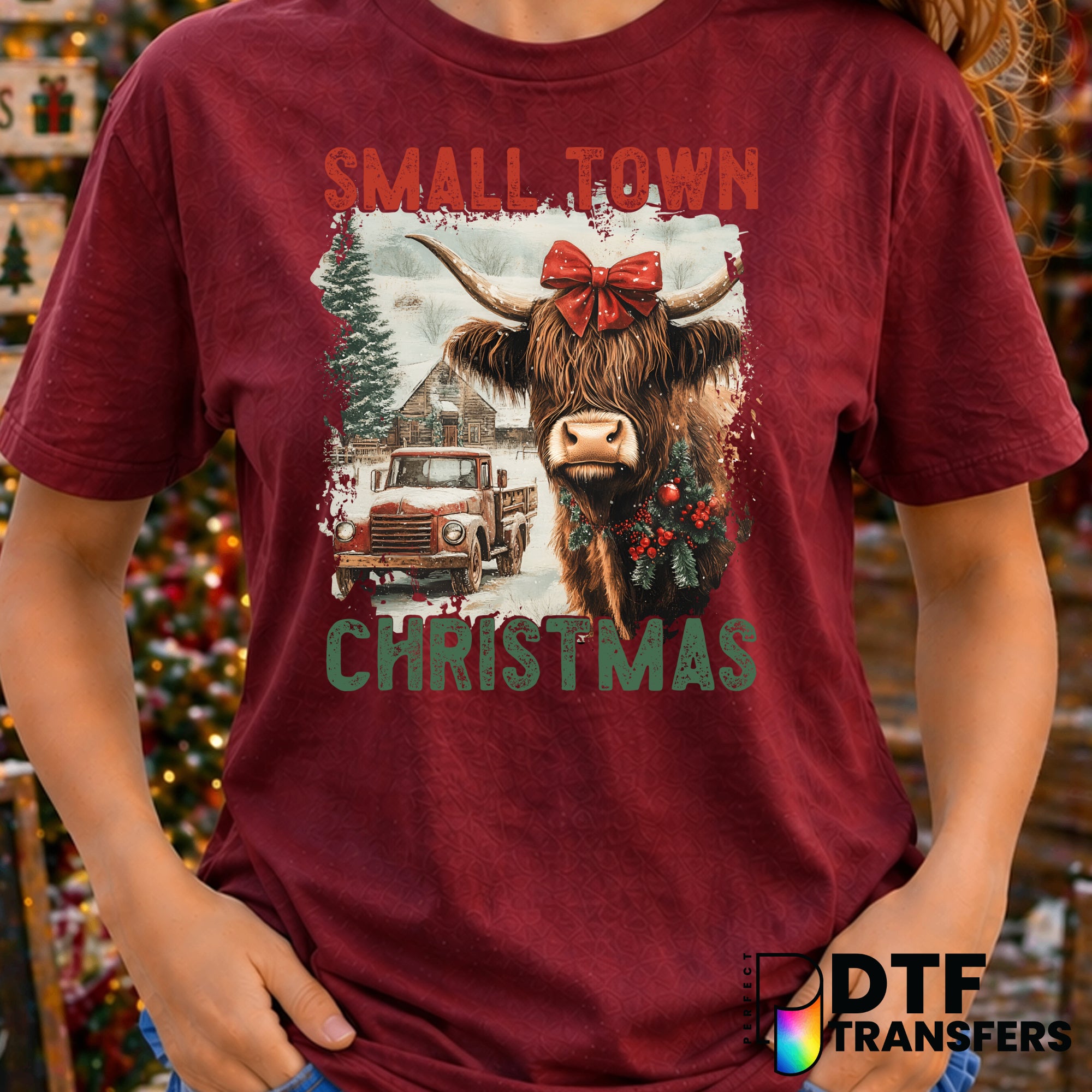 Small Town Christmas Western Highland Cow Grunge – Christmas DTF Transfer