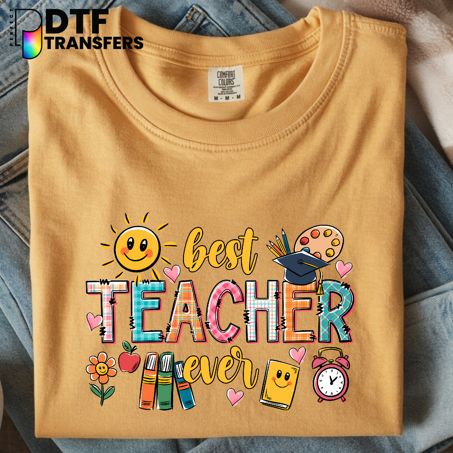 Sunshine Best Teacher Ever with School Supplies – Teacher DTF Transfer