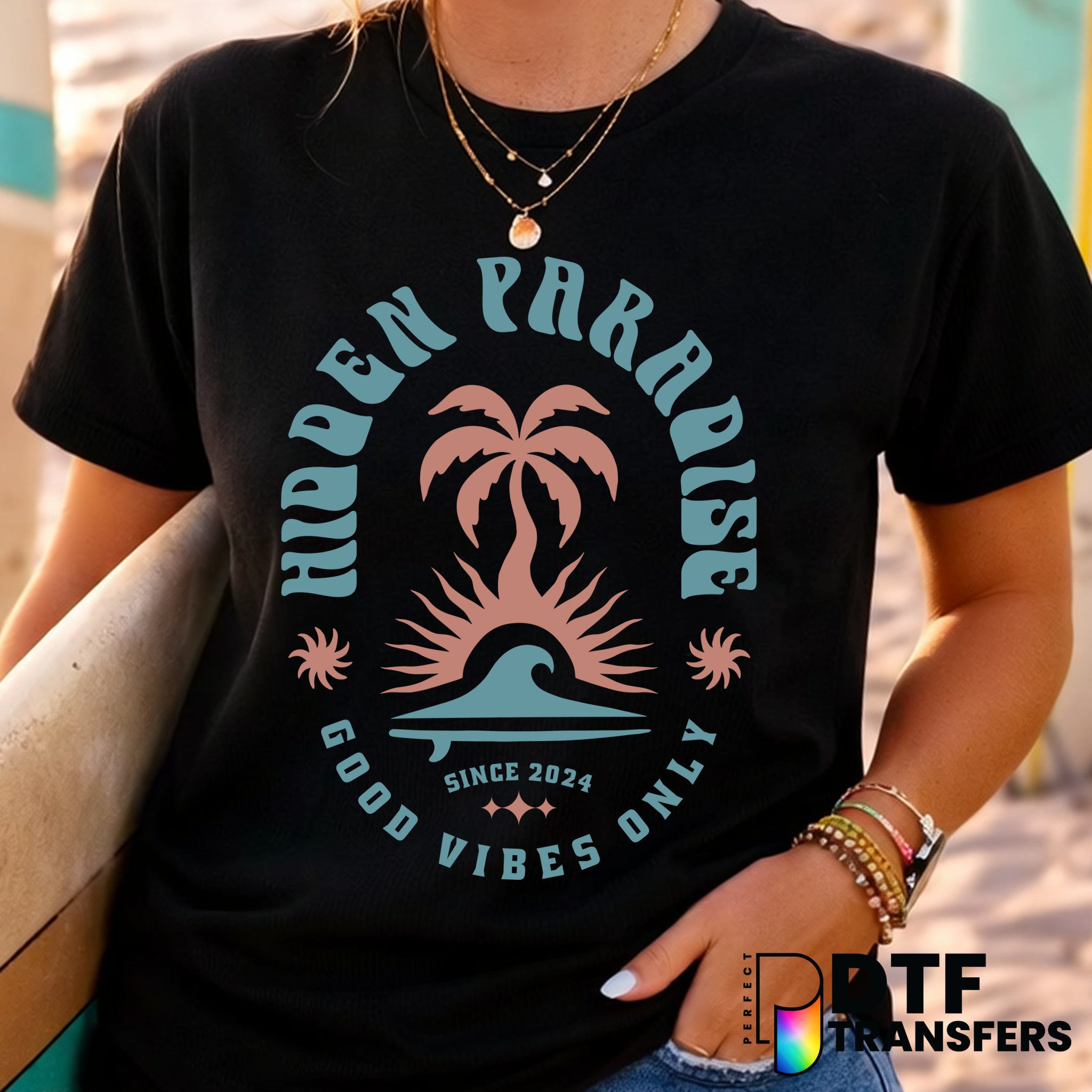 Hidden Paradise Surfing Good Vibes Only – Surfing DTF Transfer