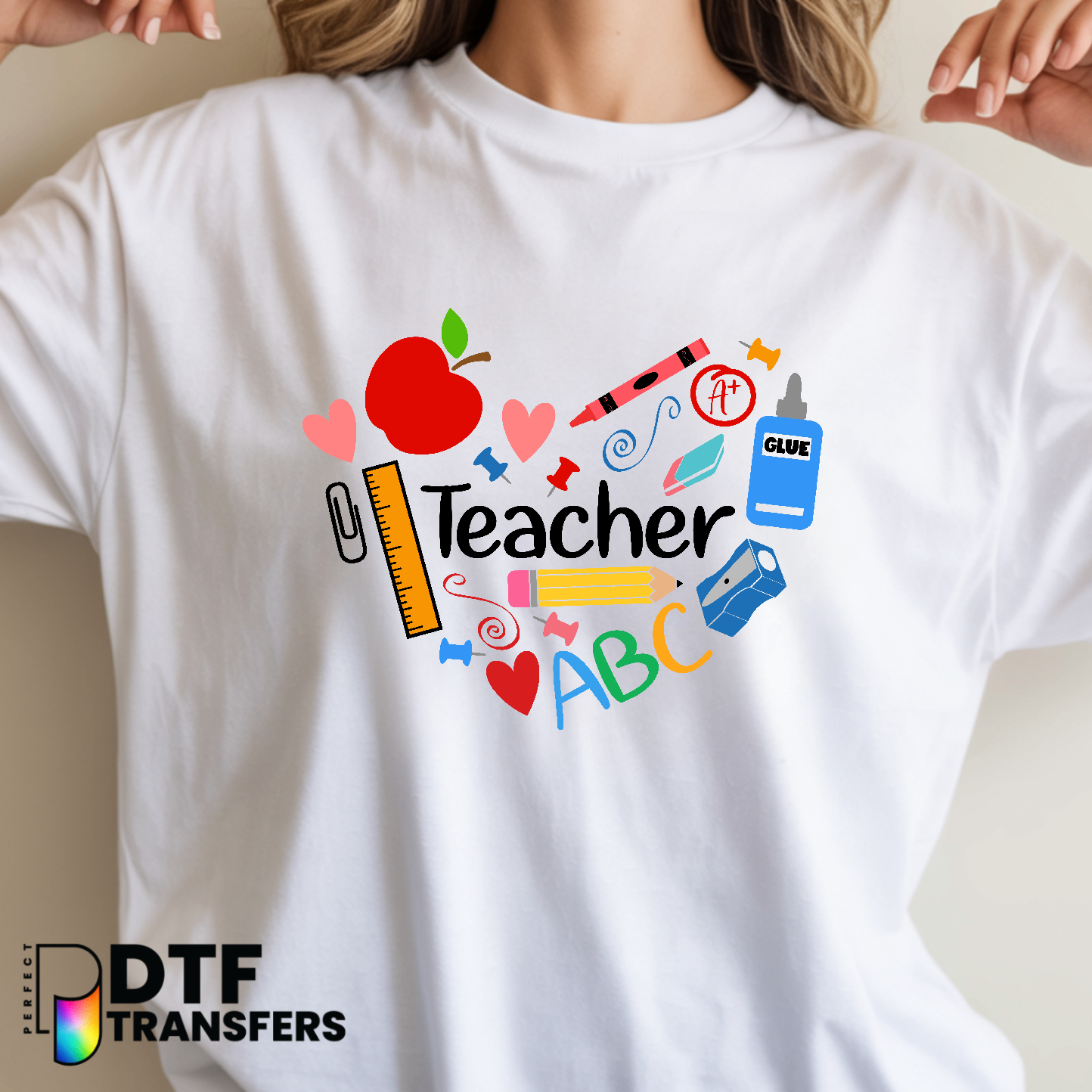 Colorful Crayon Heart 'Teacher' – Teacher DTF Transfer