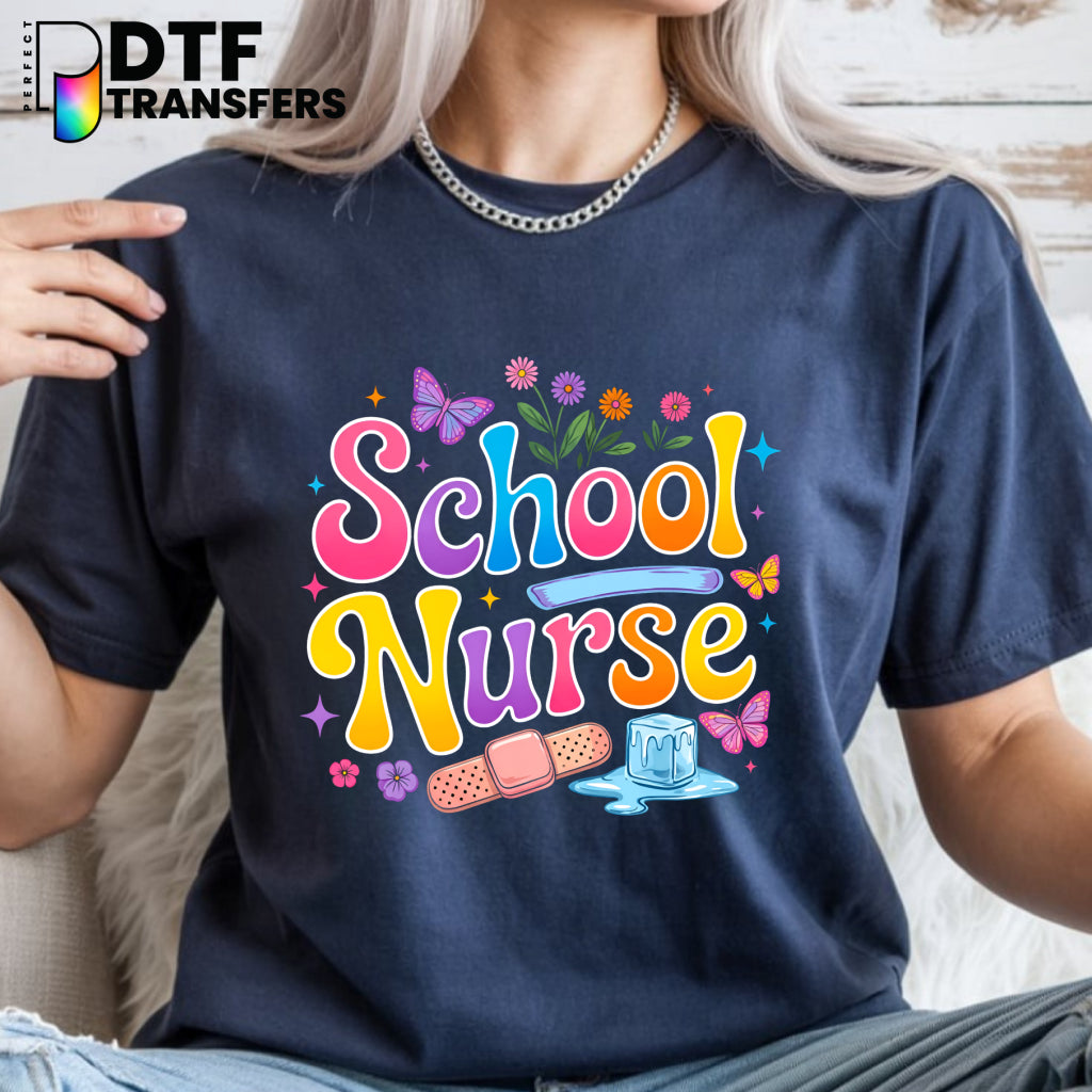 School Nurse with Colorful Butterflies and Flowers – School Nurse DTF Transfer