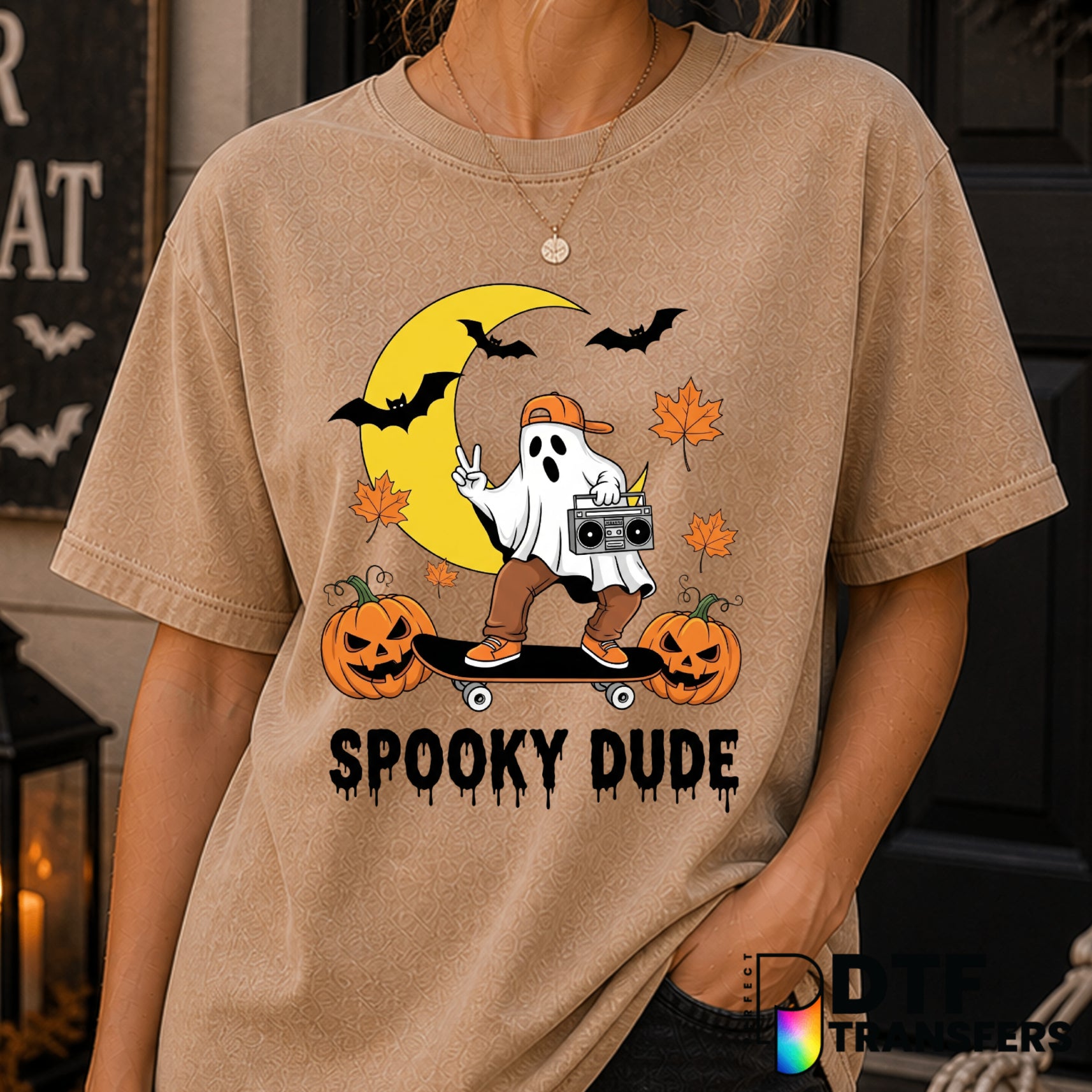 Skateboarding Ghost with Pumpkin – Halloween DTF Transfer