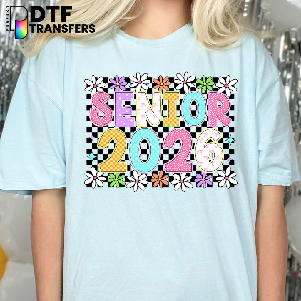 SENIOR 2026 Floral and Checkered Pattern – Teacher School Graduation DTF Transfer
