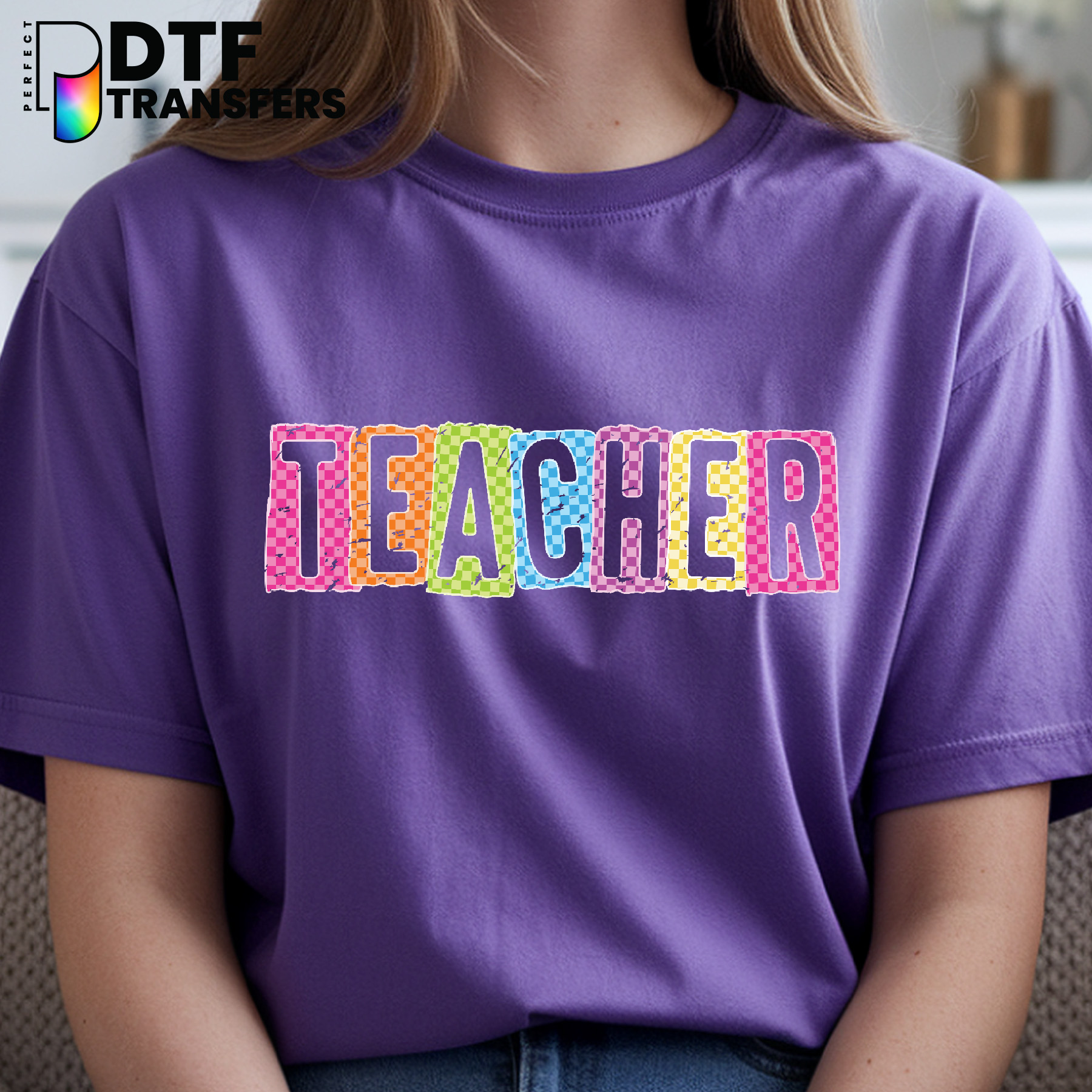 TEACHER Checkered Apple – Teacher DTF Transfer