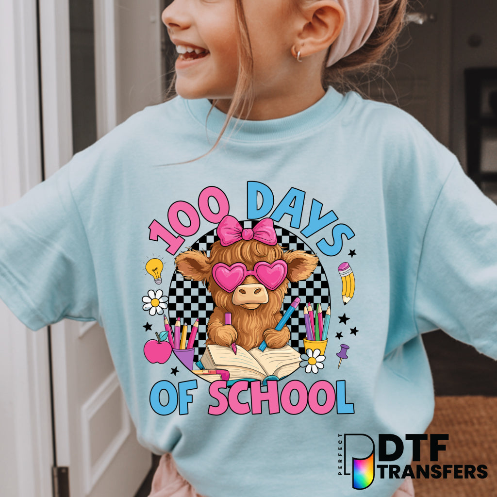 100 DAYS OF SCHOOL – Cute Highland Cow Teacher DTF Transfer