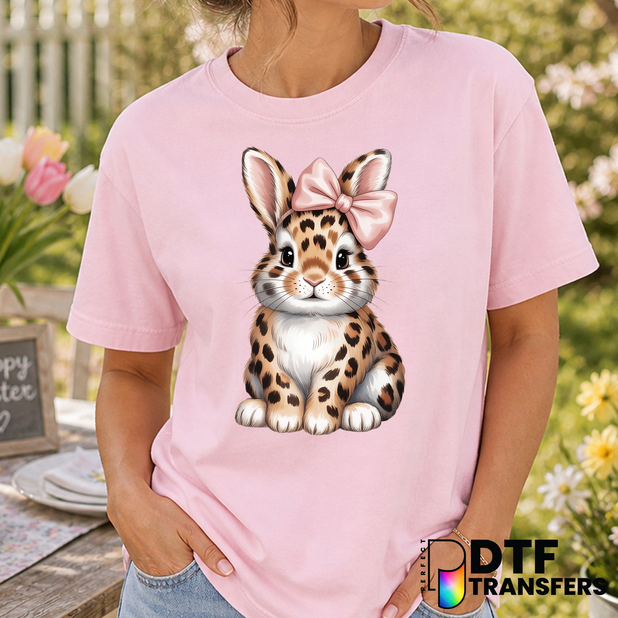 Leopard Print Bunny with Pink Bow – Easter DTF Transfer
