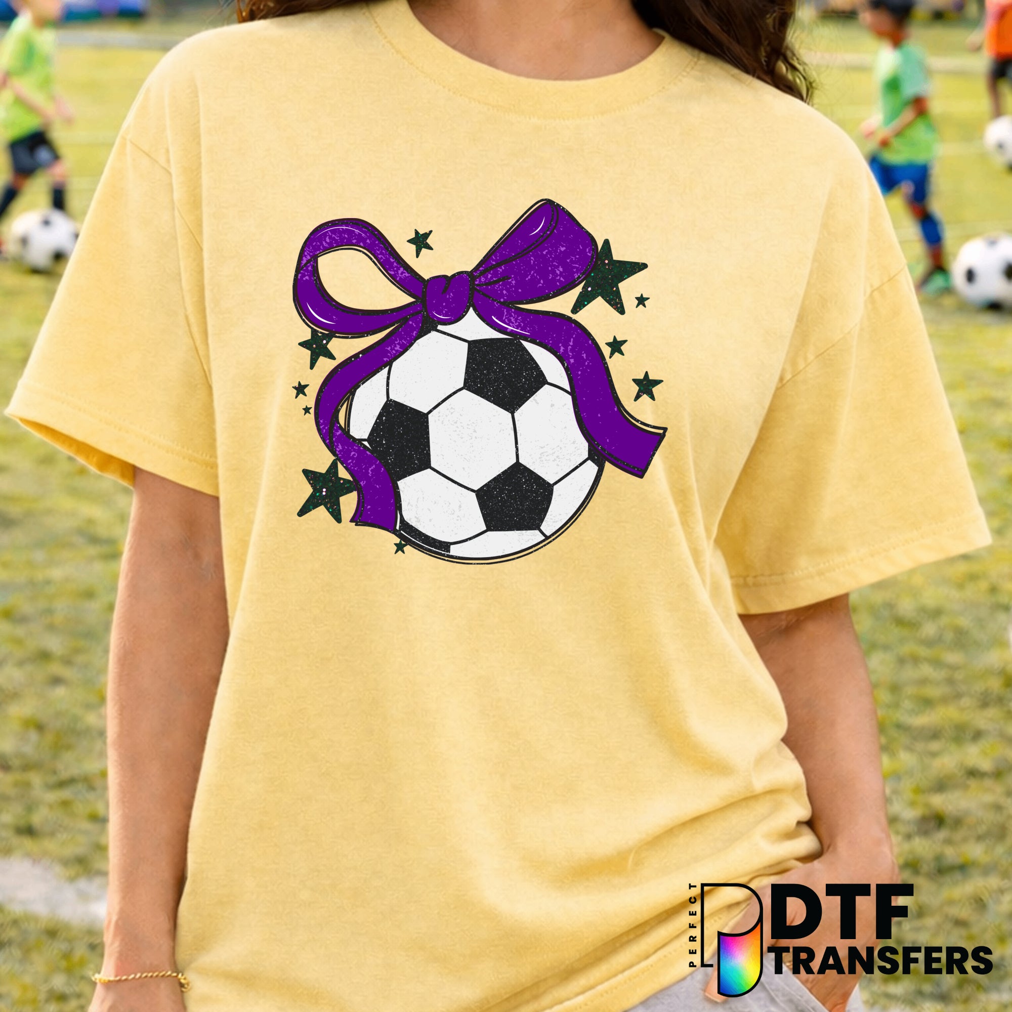 Soccer Ball with Purple Bow – Soccer DTF Transfer