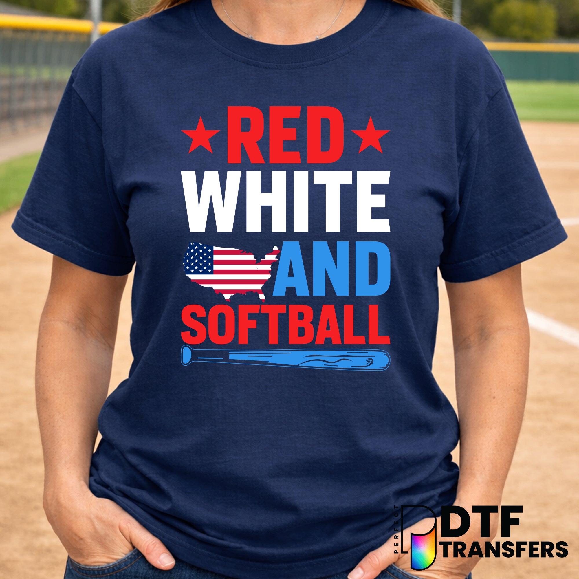 Red White and Softball Patriotic American – Softball DTF Transfer