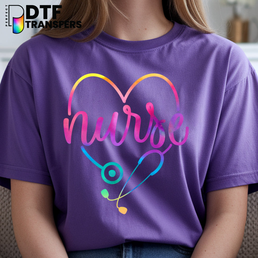 Rainbow Tie-Dye Stethoscope 'SCHOOL NURSE' – School Nurse DTF Transfer