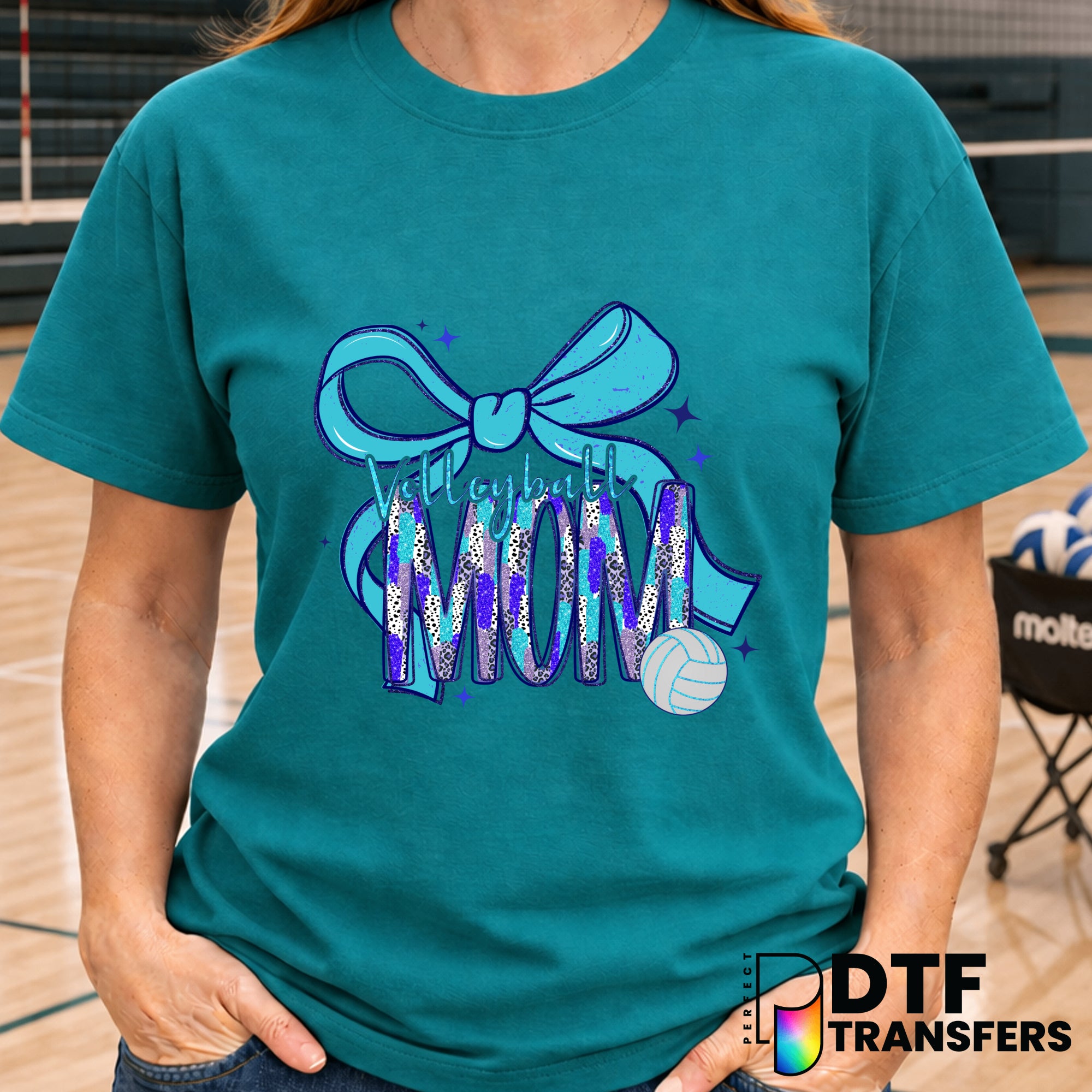 Blue and Teal Preppy Leopard Glitter Volleyball Mom – Volleyball DTF Transfer