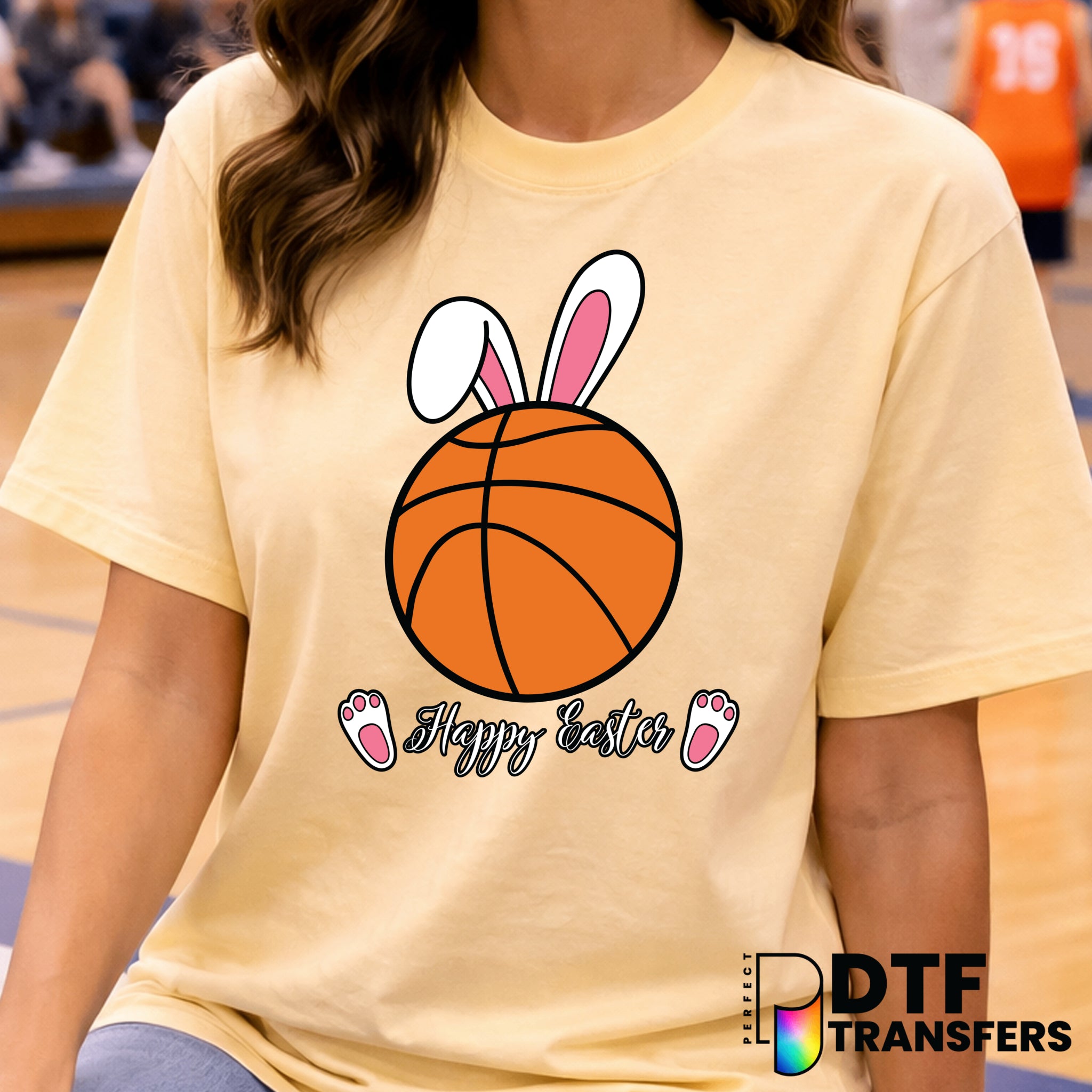 Happy Easter Basketball with Bunny Ears – DTF Transfer