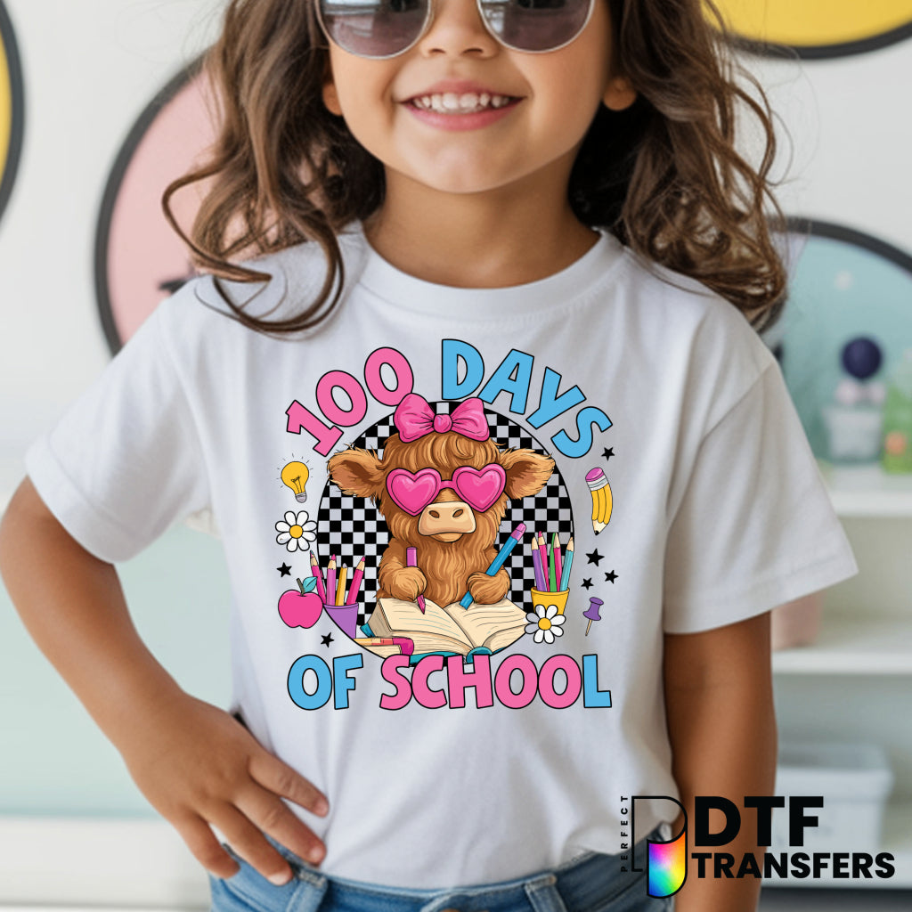 100 DAYS OF SCHOOL – Cute Highland Cow Teacher DTF Transfer